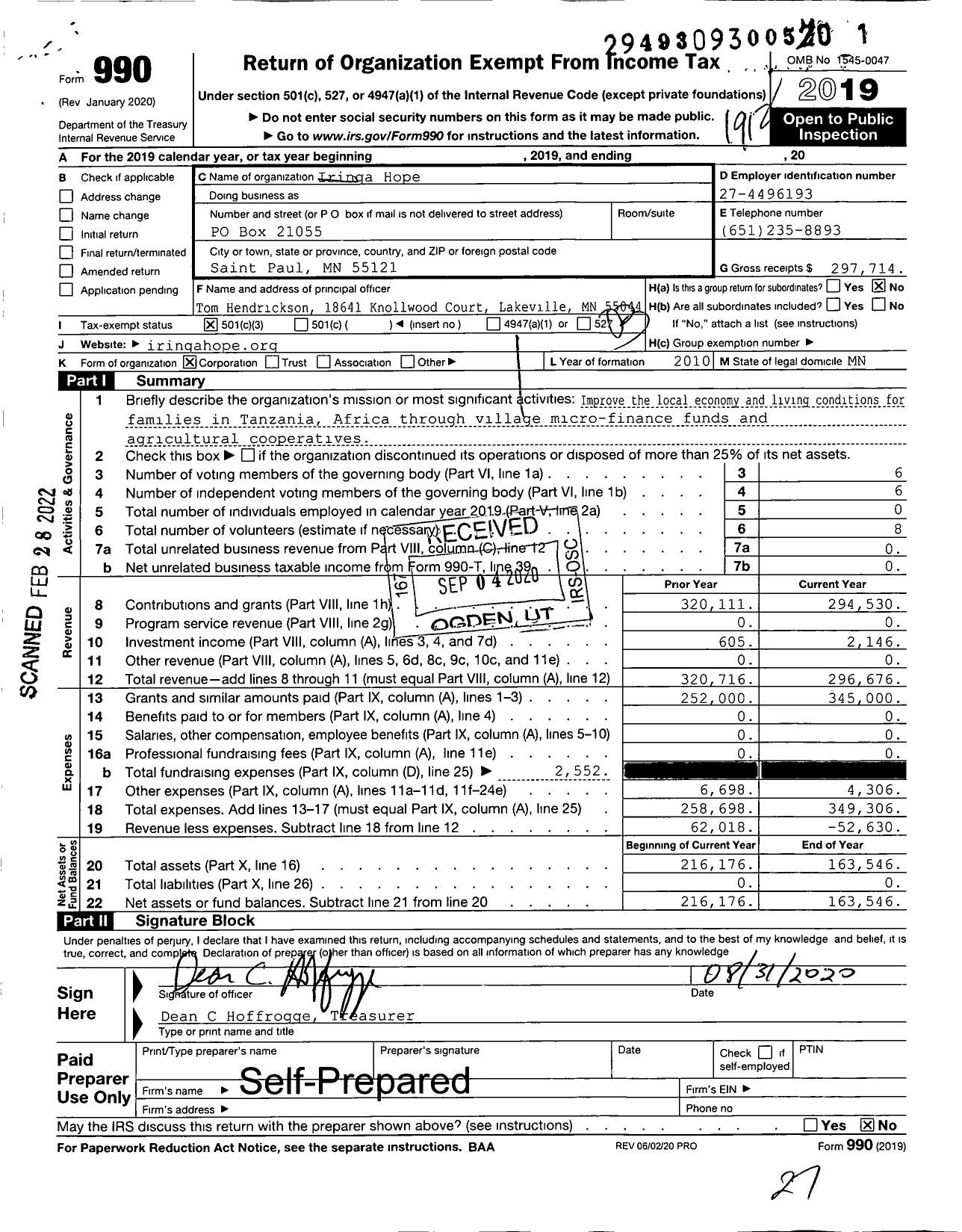 Image of first page of 2019 Form 990 for Iringa Hope