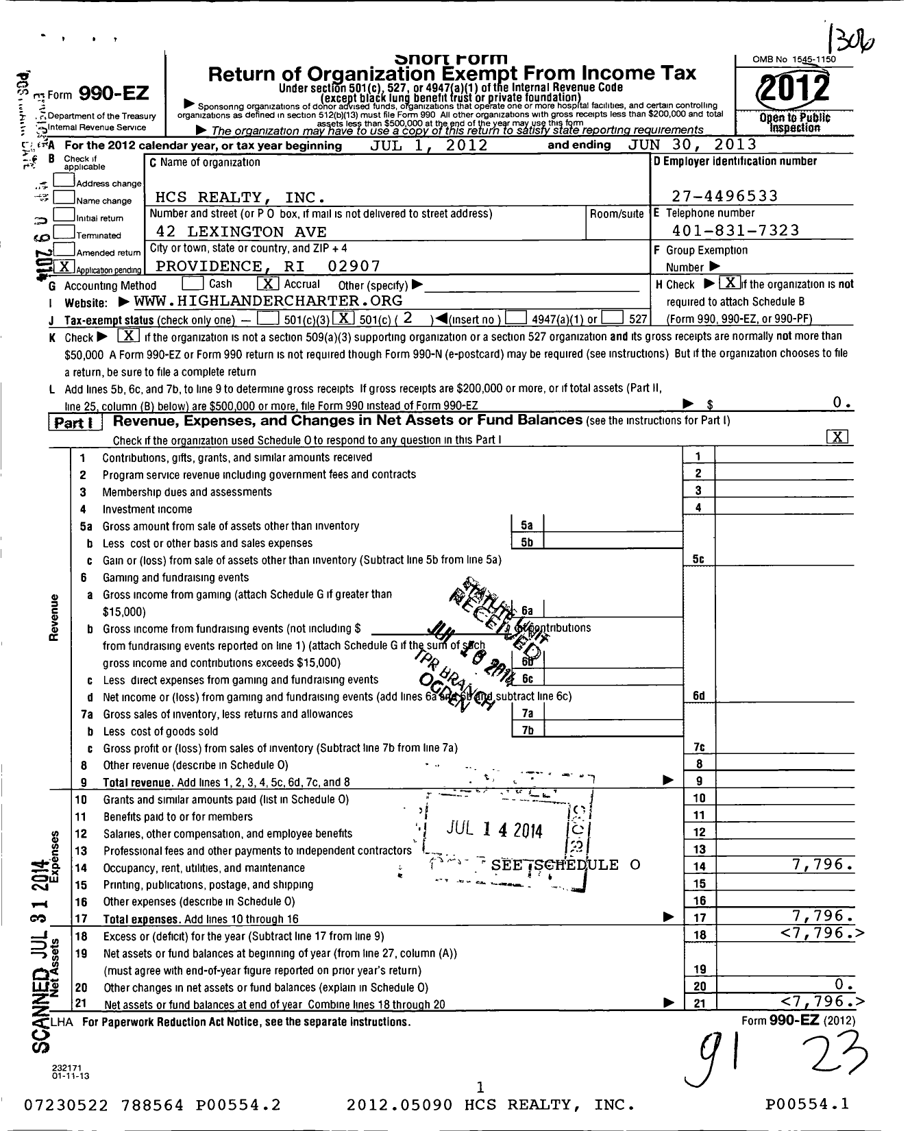 Image of first page of 2012 Form 990EO for HCS Realty