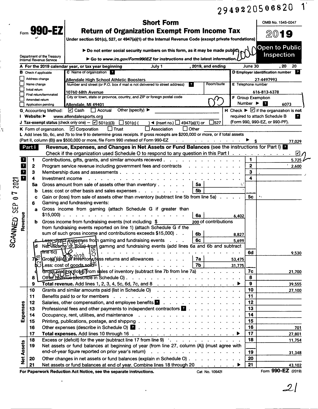 Image of first page of 2019 Form 990EZ for Allendale Parent and Booster Organizations / Allendale Athletic Boosters