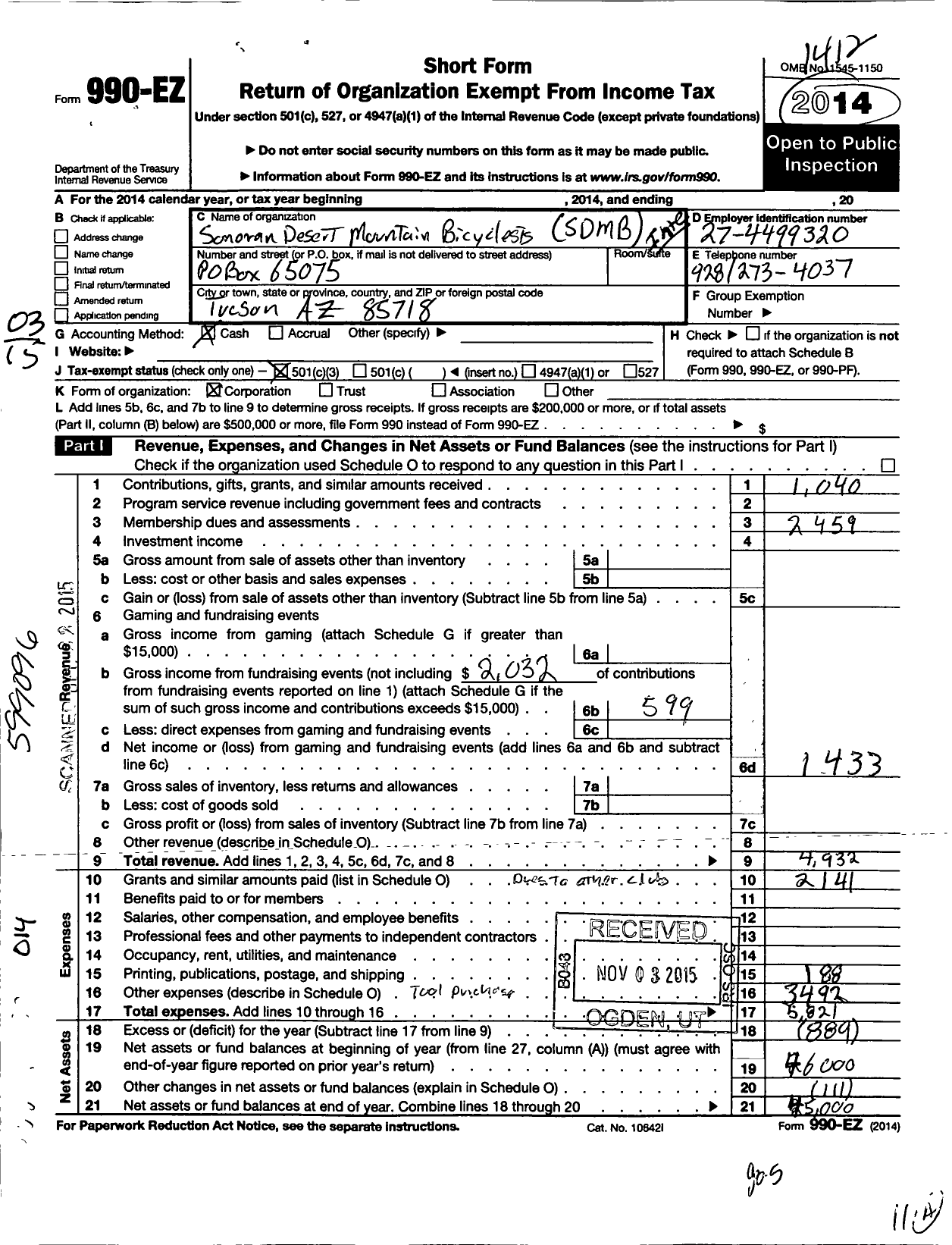 Image of first page of 2014 Form 990EZ for Sonoran Desert Mountain Bicyclists