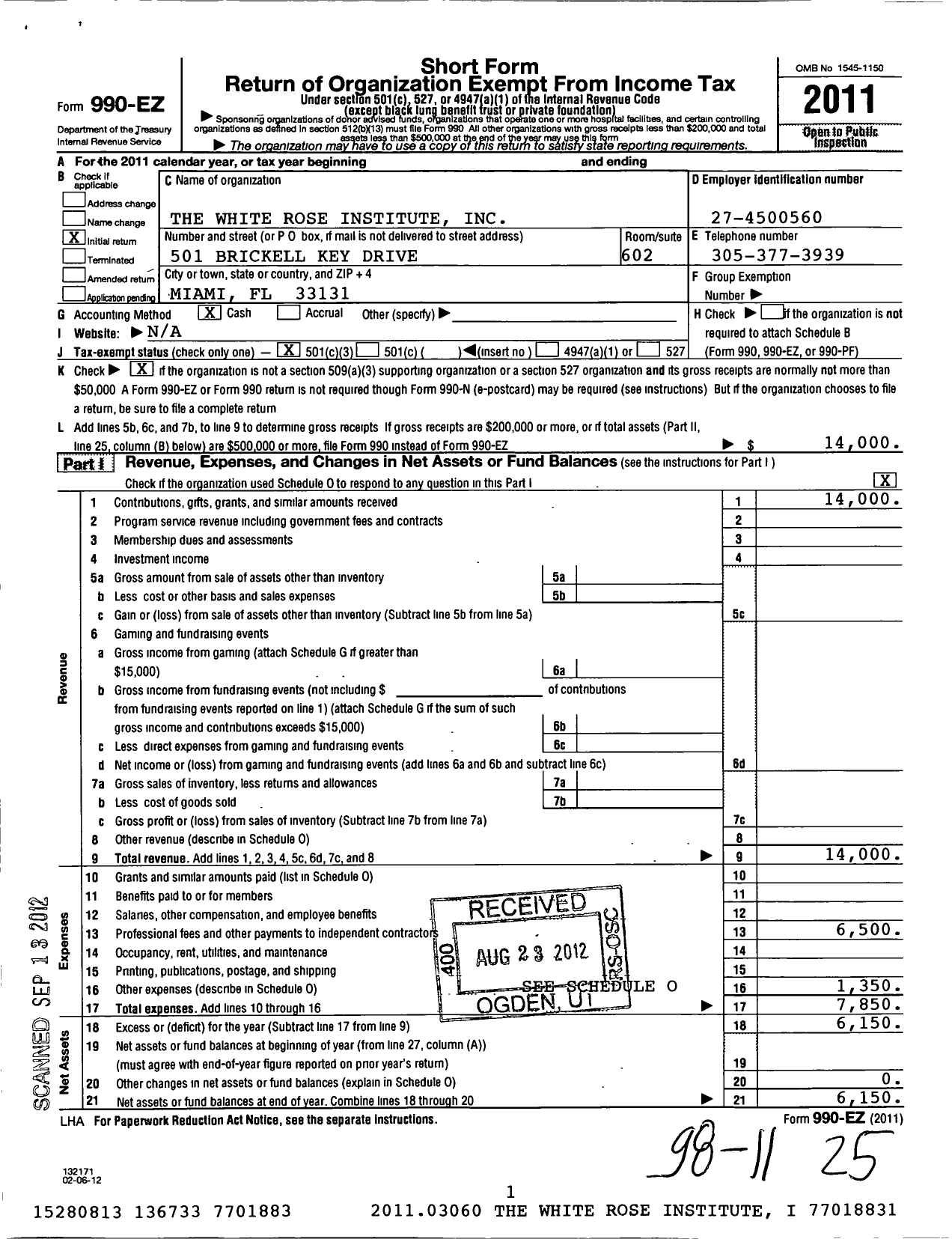 Image of first page of 2011 Form 990EZ for The White Rose Institute