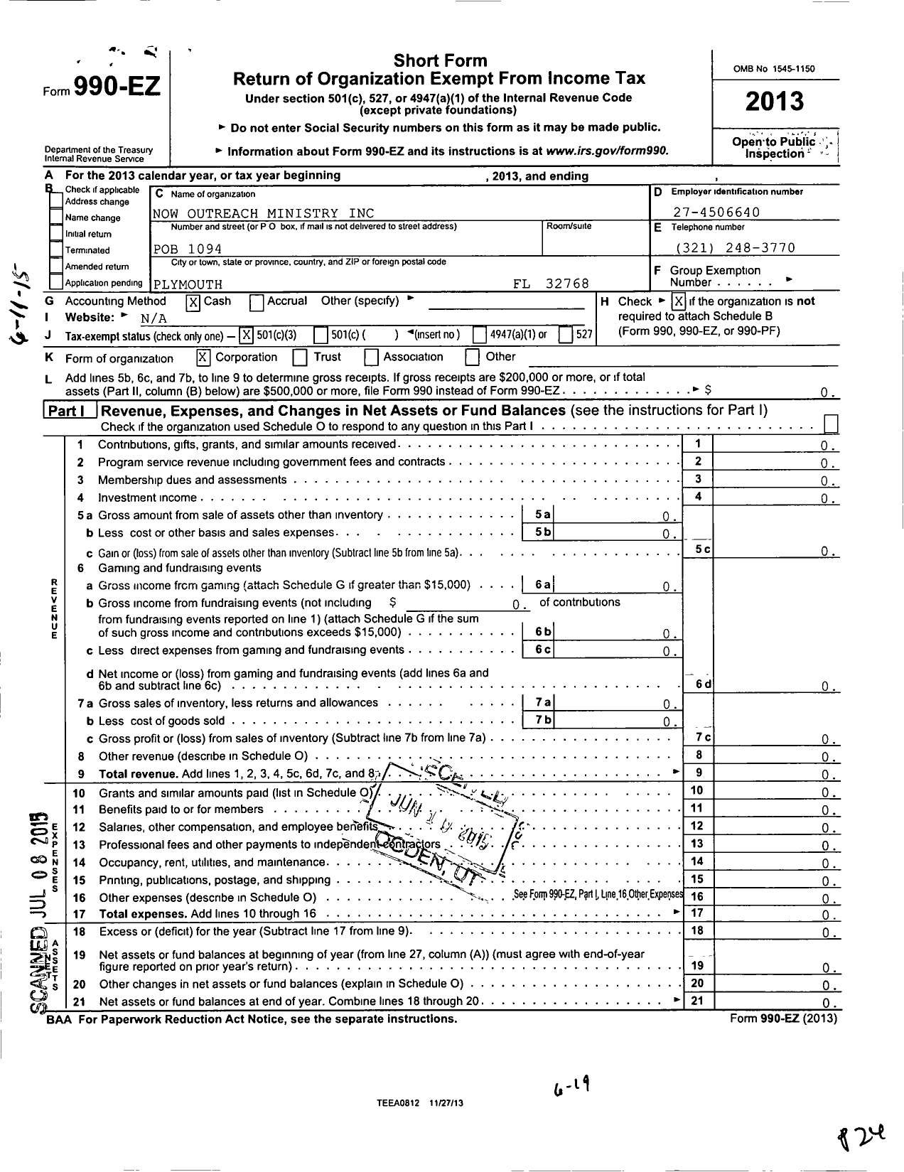 Image of first page of 2013 Form 990EZ for Now Outreach Ministry