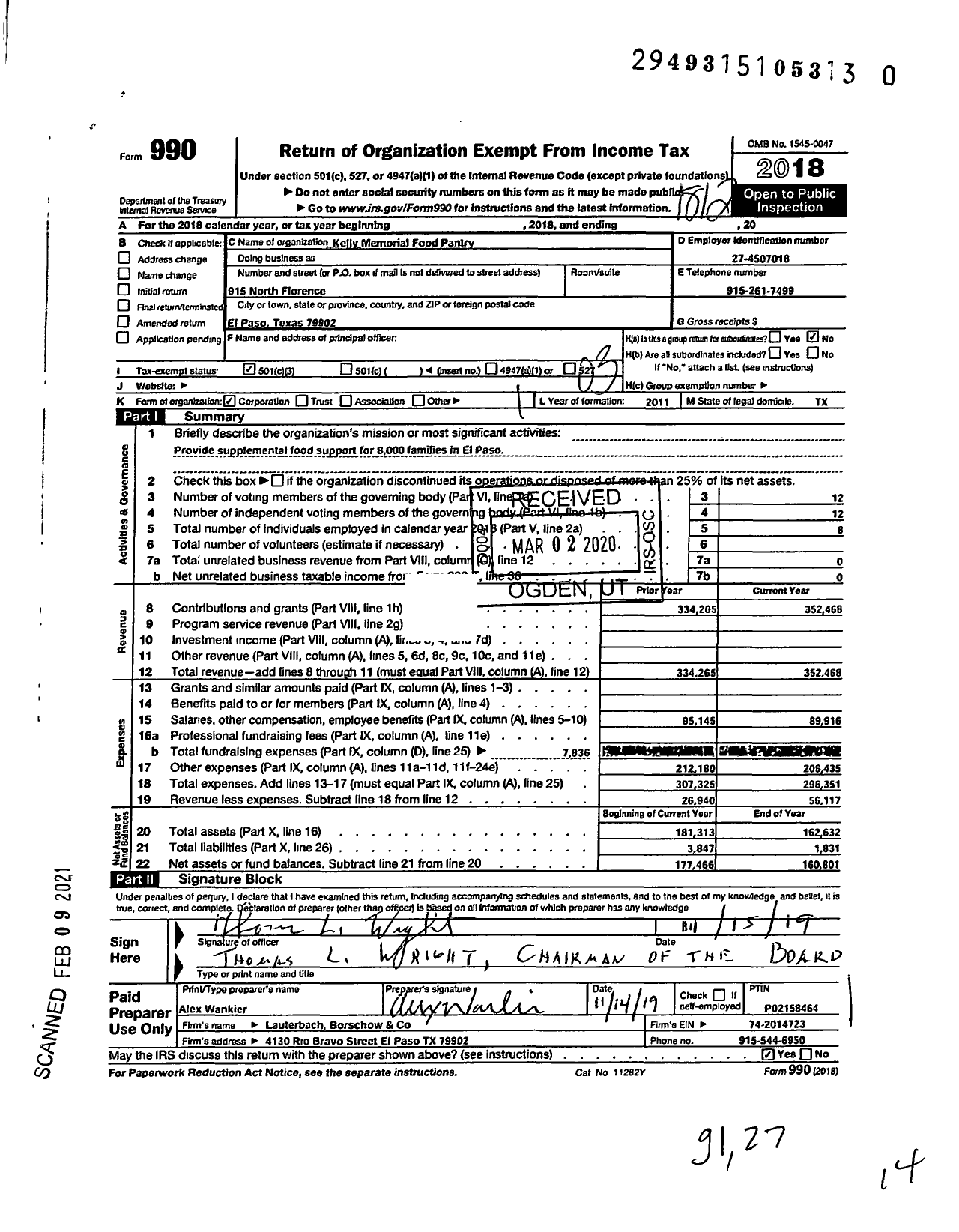 Image of first page of 2018 Form 990 for Kelly Center for Hunger Relief