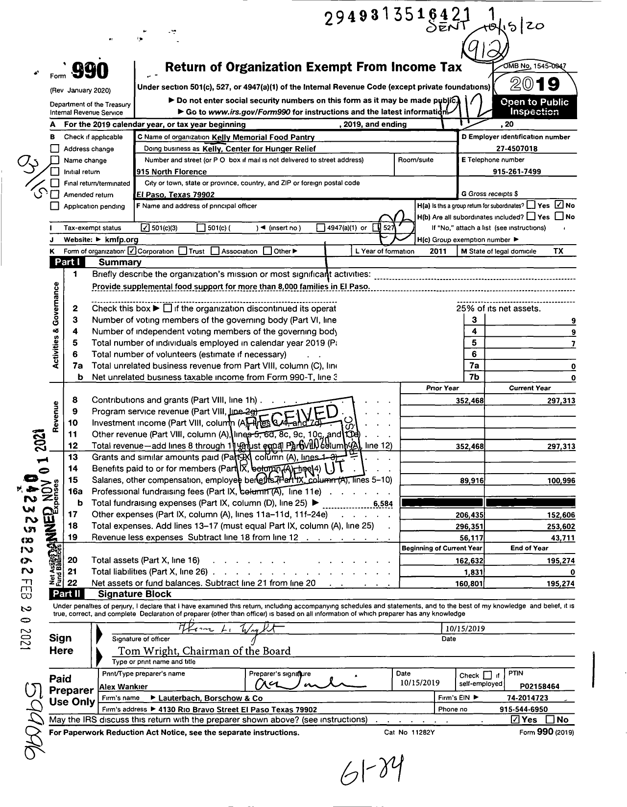 Image of first page of 2019 Form 990 for Kelly Center for Hunger Relief