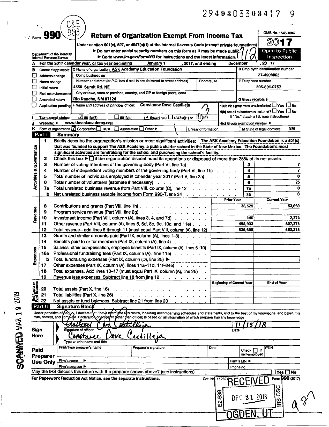 Image of first page of 2017 Form 990 for Ask Academy Education Foundation