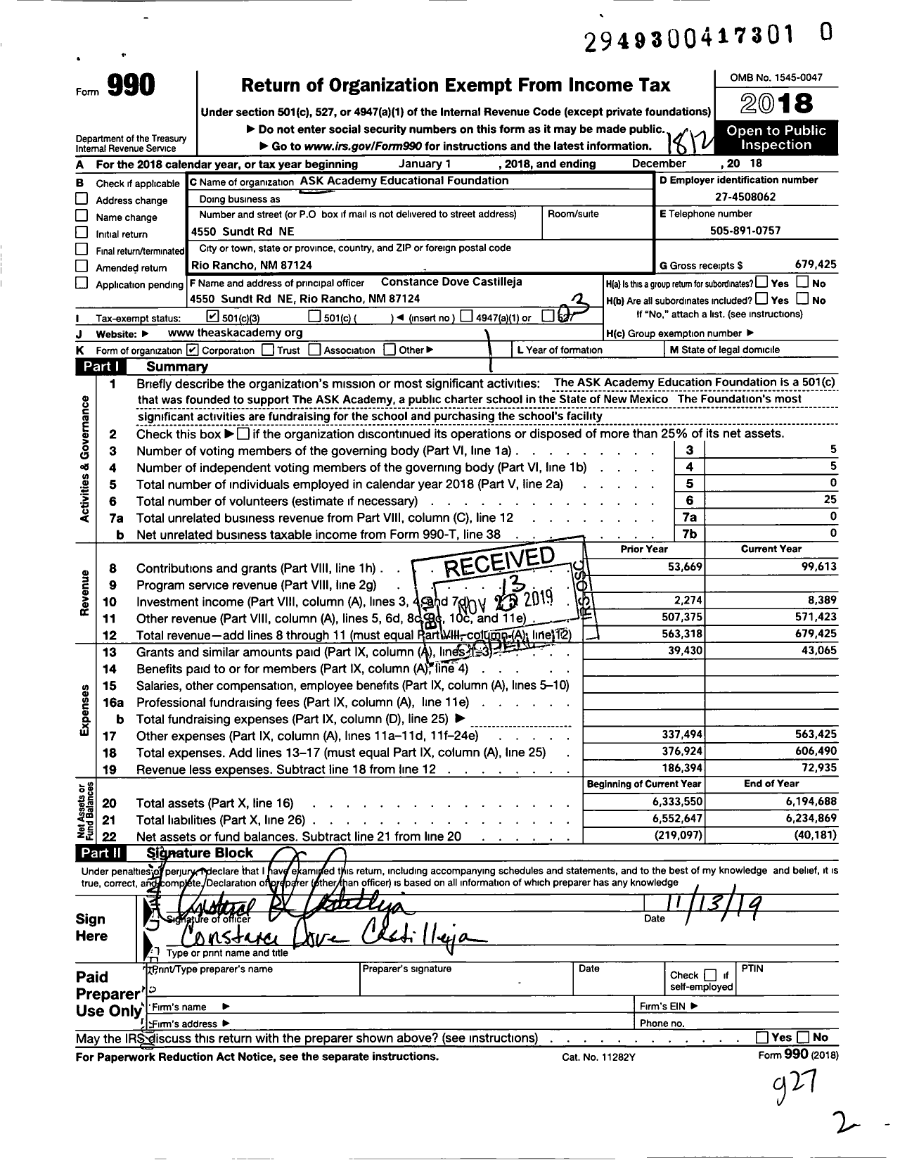 Image of first page of 2018 Form 990 for Ask Academy Education Foundation