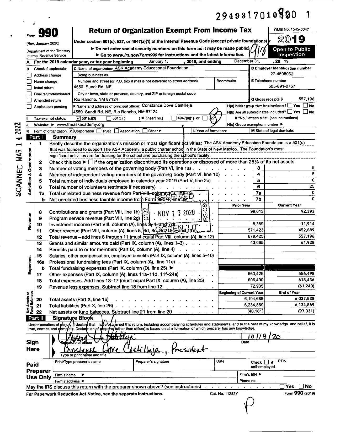 Image of first page of 2019 Form 990 for Ask Academy Education Foundation