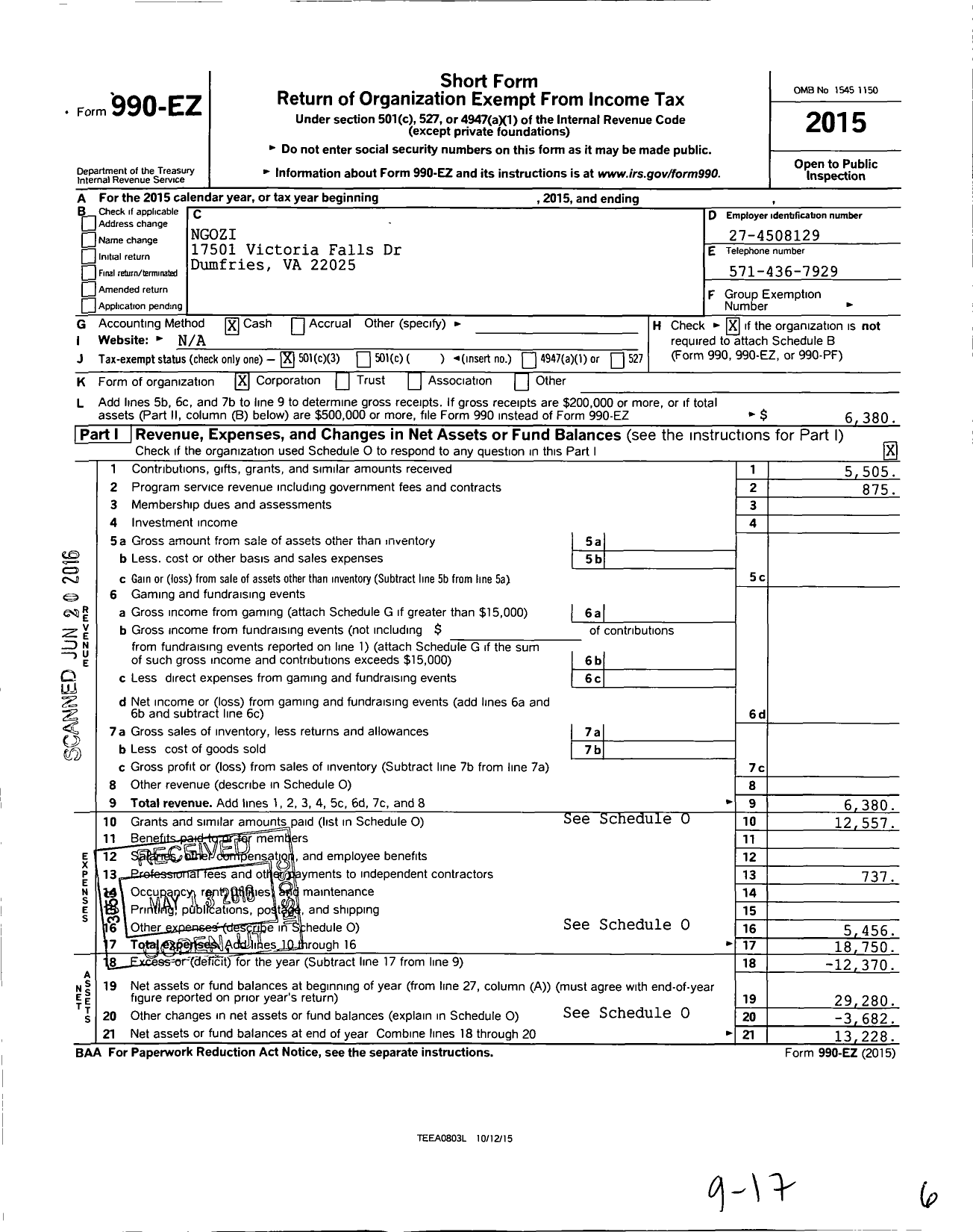 Image of first page of 2015 Form 990EZ for Ngozi