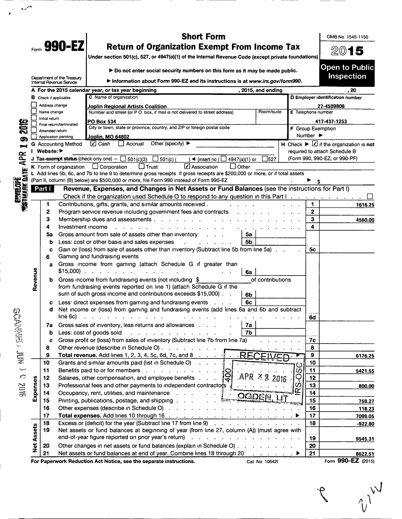 Image of first page of 2015 Form 990EO for Joplin Regional Artists Coalition