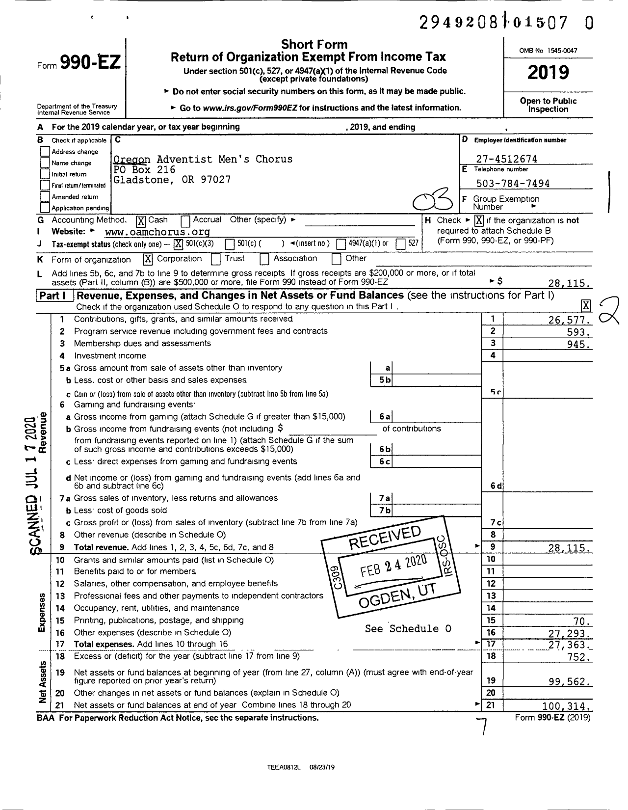 Image of first page of 2019 Form 990EZ for Oregon Adventist Mens Chorus (OAMC)