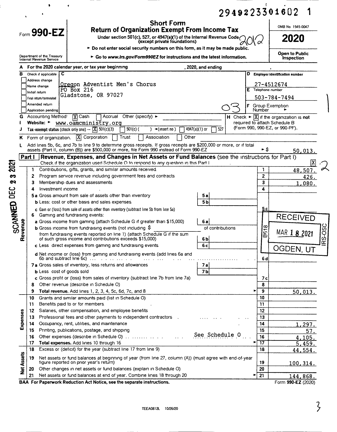 Image of first page of 2020 Form 990EZ for Oregon Adventist Mens Chorus (OAMC)