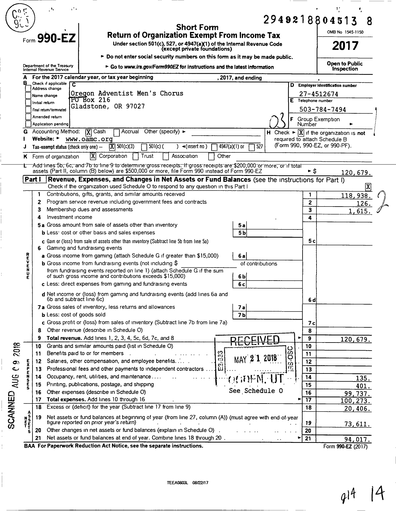 Image of first page of 2017 Form 990EZ for Oregon Adventist Mens Chorus (OAMC)