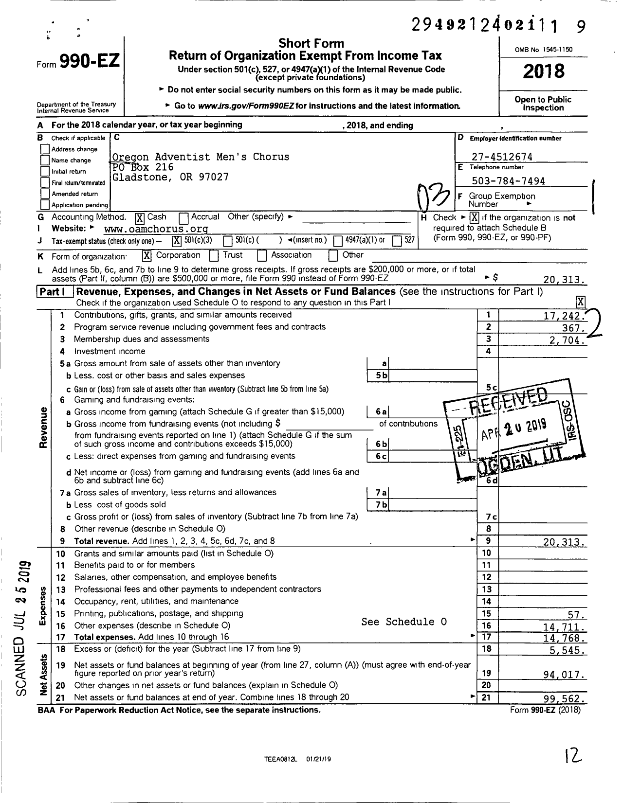 Image of first page of 2018 Form 990EZ for Oregon Adventist Mens Chorus (OAMC)