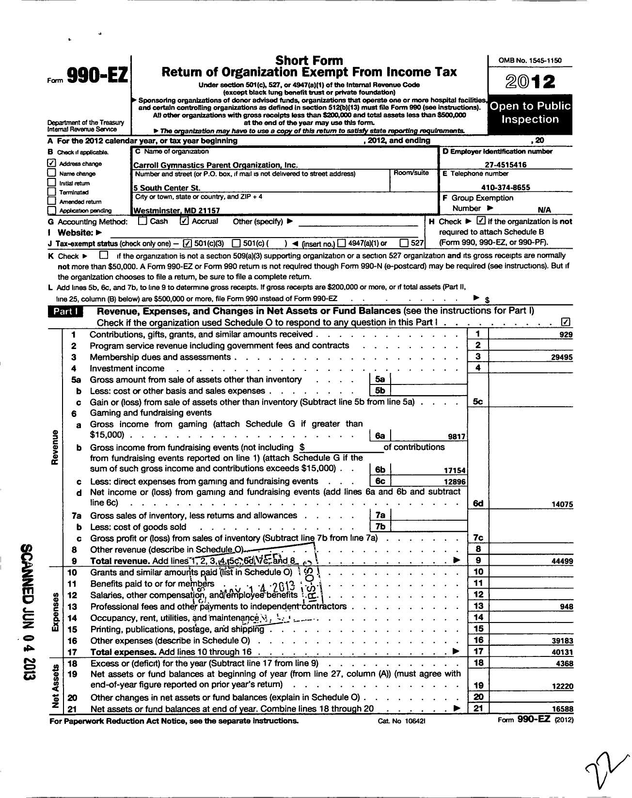 Image of first page of 2012 Form 990EZ for Carroll Gymnastics Parent Organization