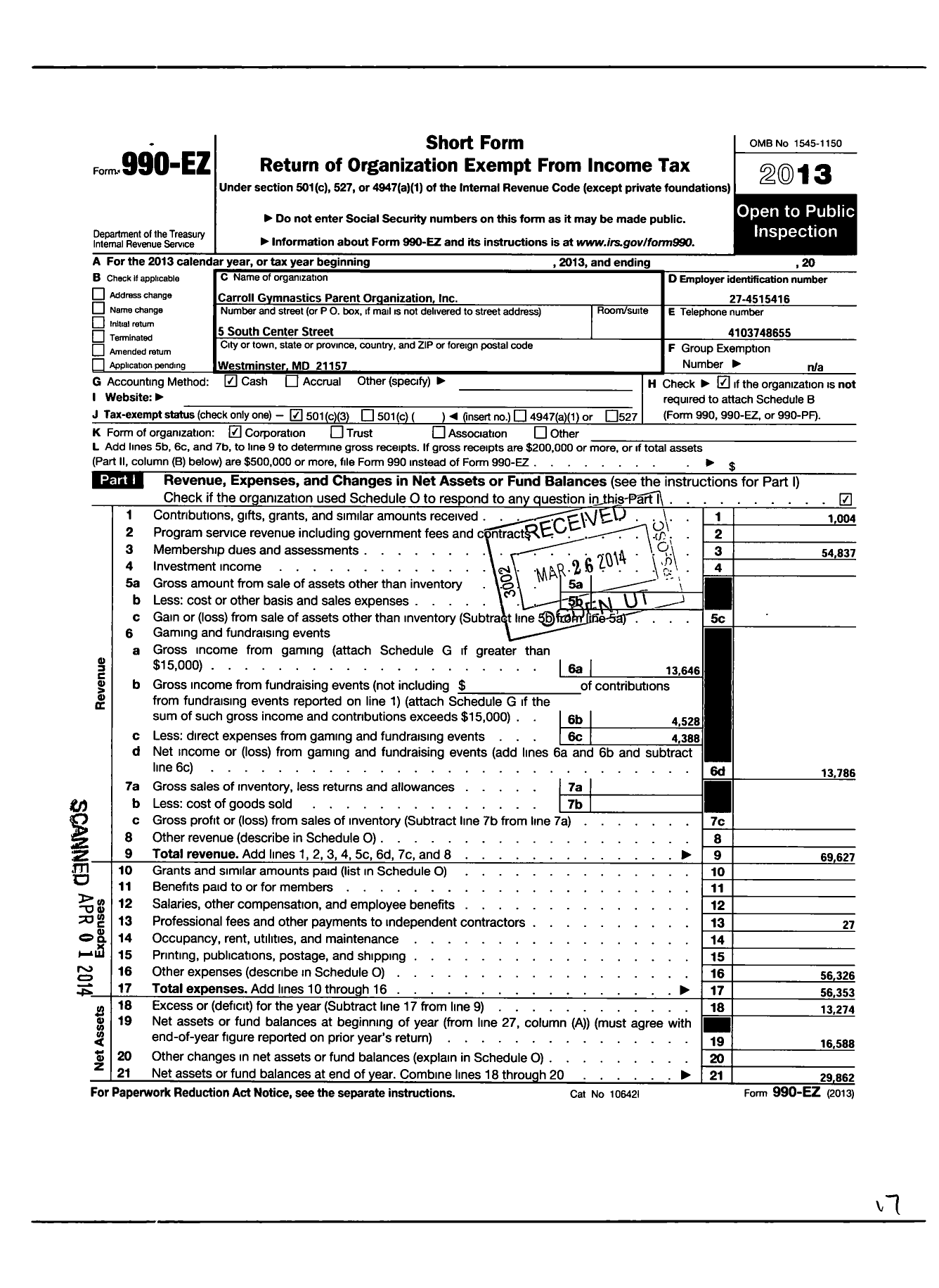 Image of first page of 2013 Form 990EZ for Carroll Gymnastics Parent Organization