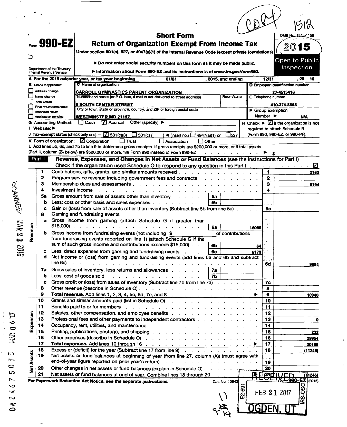 Image of first page of 2015 Form 990EZ for Carroll Gymnastics Parent Organization