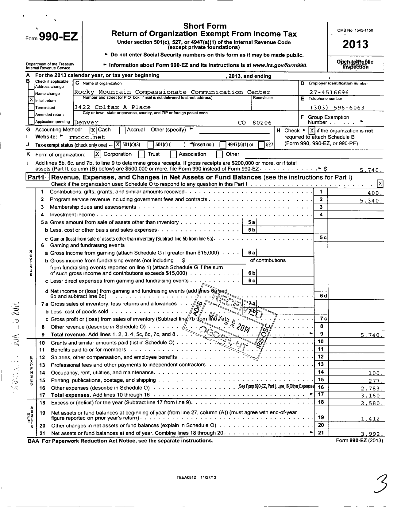 Image of first page of 2013 Form 990EZ for Rocky Mountain Compassionate Communication Center