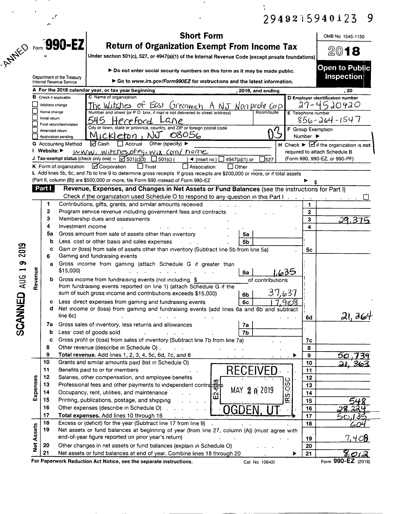 Image of first page of 2018 Form 990EZ for Witches of East Greenwich A NJ Non Profit Corporation