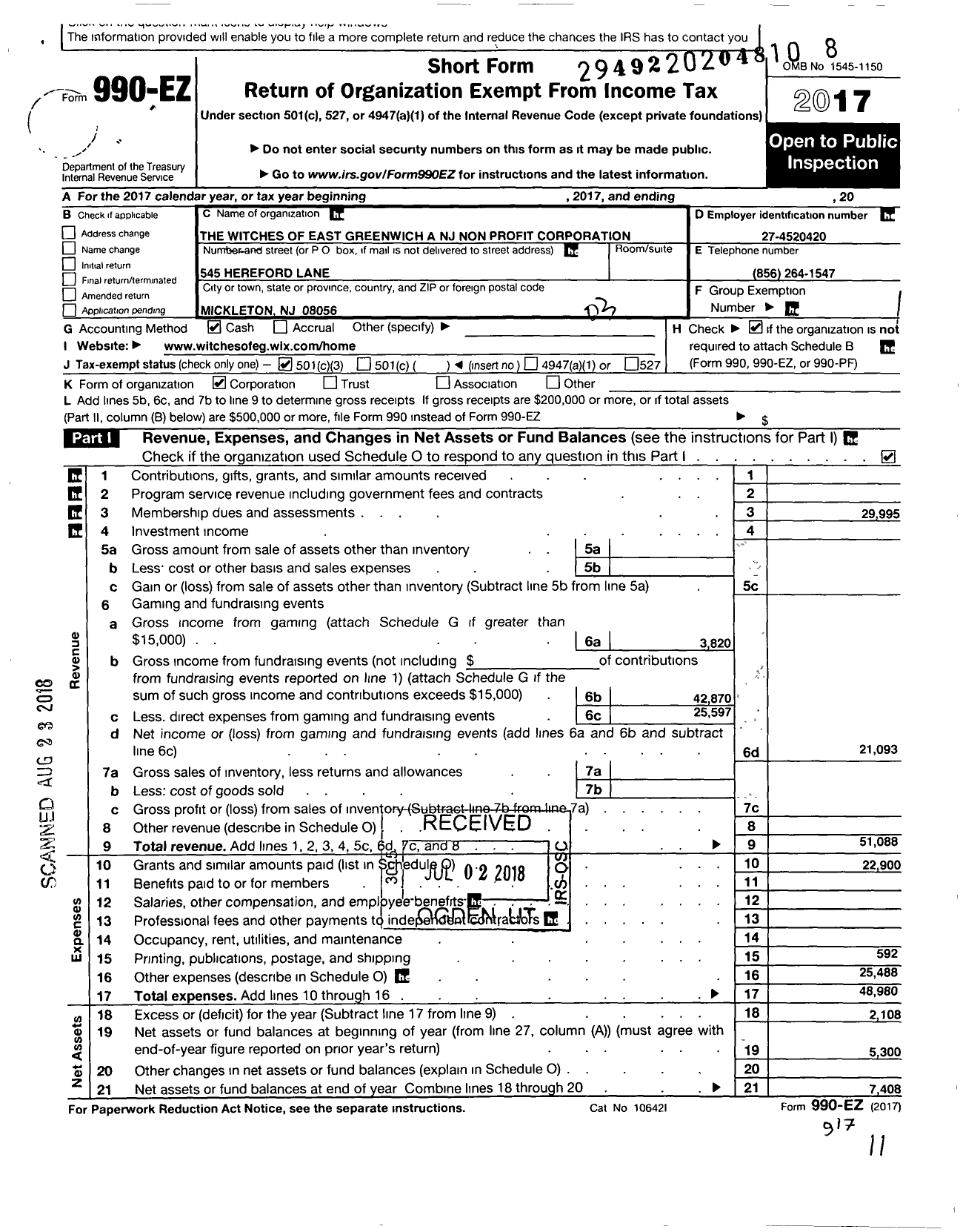 Image of first page of 2017 Form 990EZ for Witches of East Greenwich A NJ Non Profit Corporation