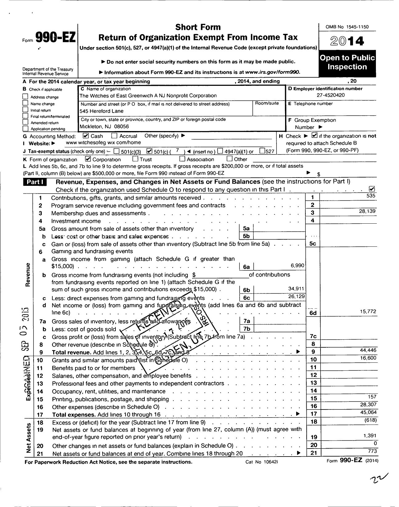 Image of first page of 2014 Form 990EO for Witches of East Greenwich A NJ Non Profit Corporation