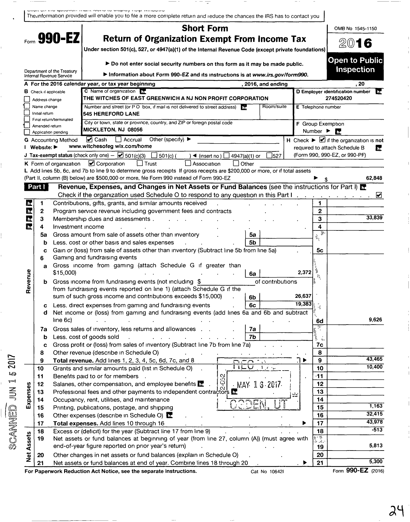 Image of first page of 2016 Form 990EZ for Witches of East Greenwich A NJ Non Profit Corporation