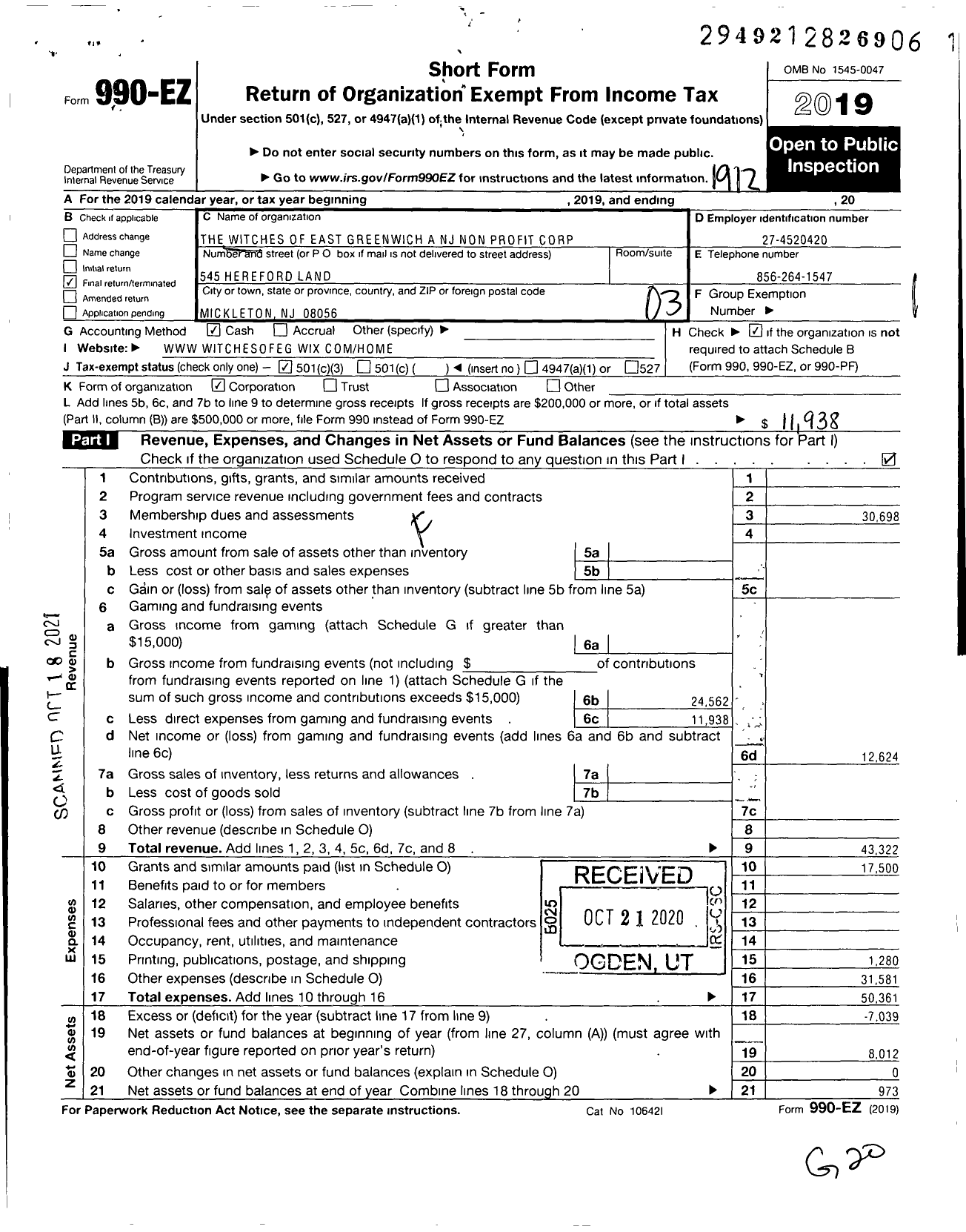 Image of first page of 2019 Form 990EZ for Witches of East Greenwich A NJ Non Profit Corporation