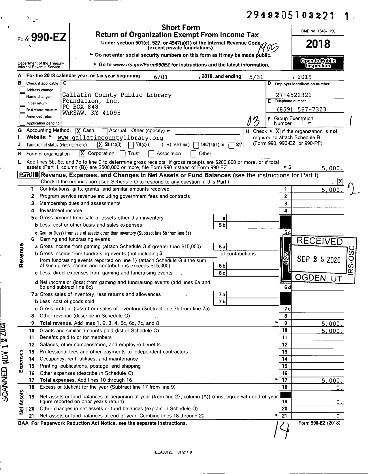 Image of first page of 2018 Form 990EZ for Gallatin County Public Library Foundation