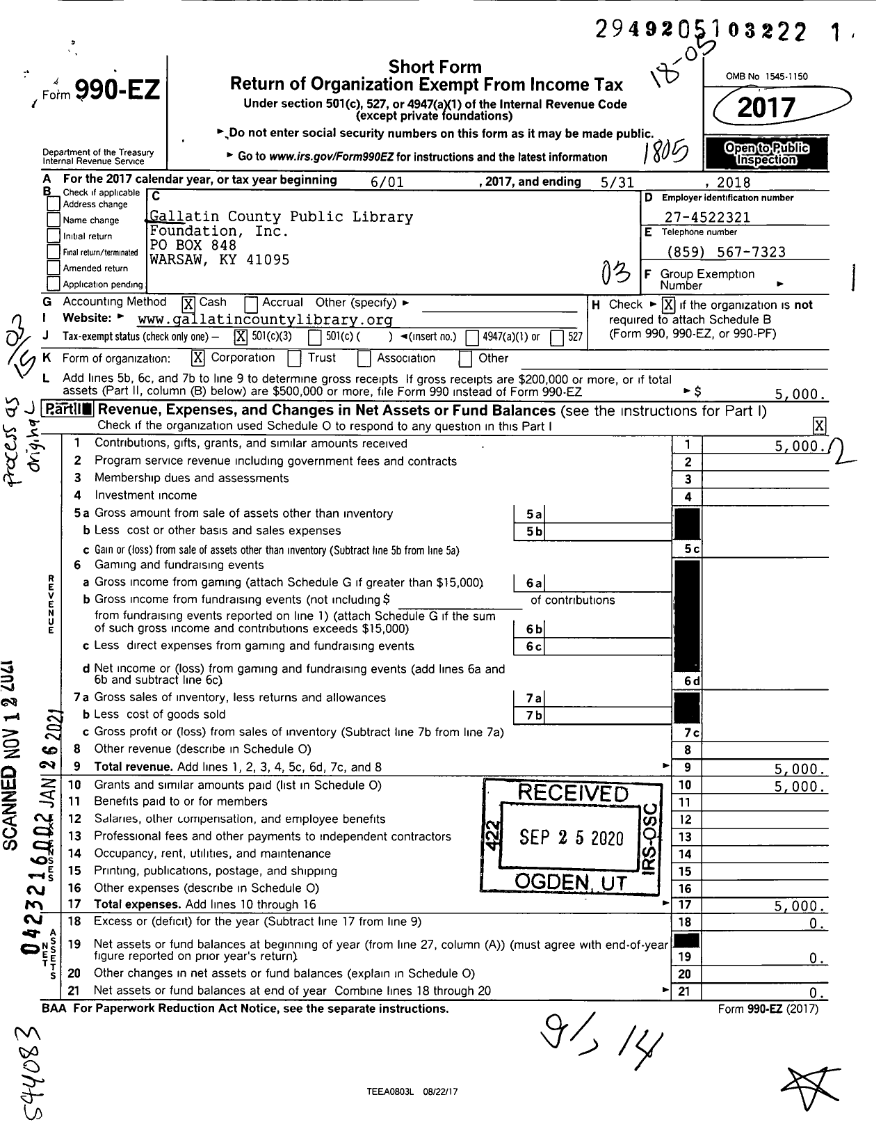 Image of first page of 2017 Form 990EZ for Gallatin County Public Library Foundation