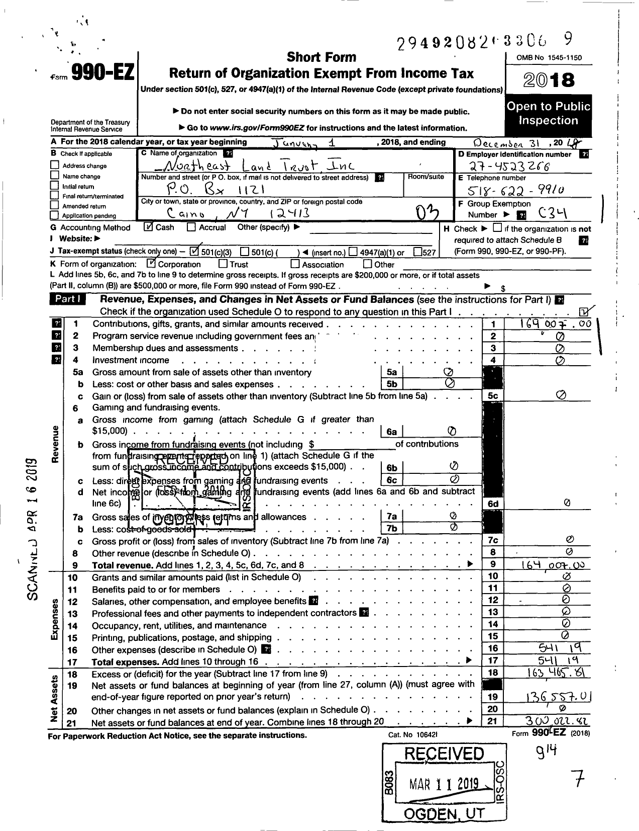 Image of first page of 2018 Form 990EZ for Northeast Regional Land Trust