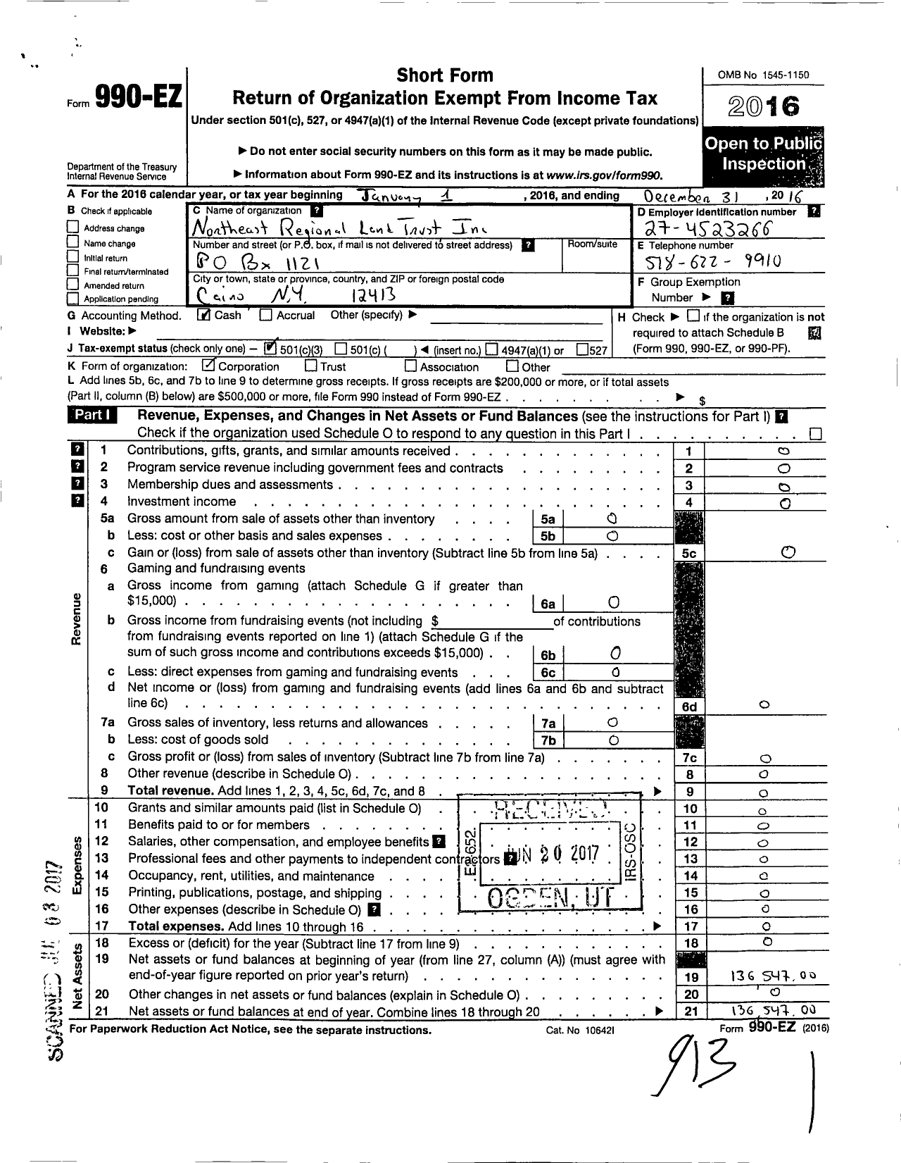 Image of first page of 2016 Form 990EZ for Northeast Regional Land Trust