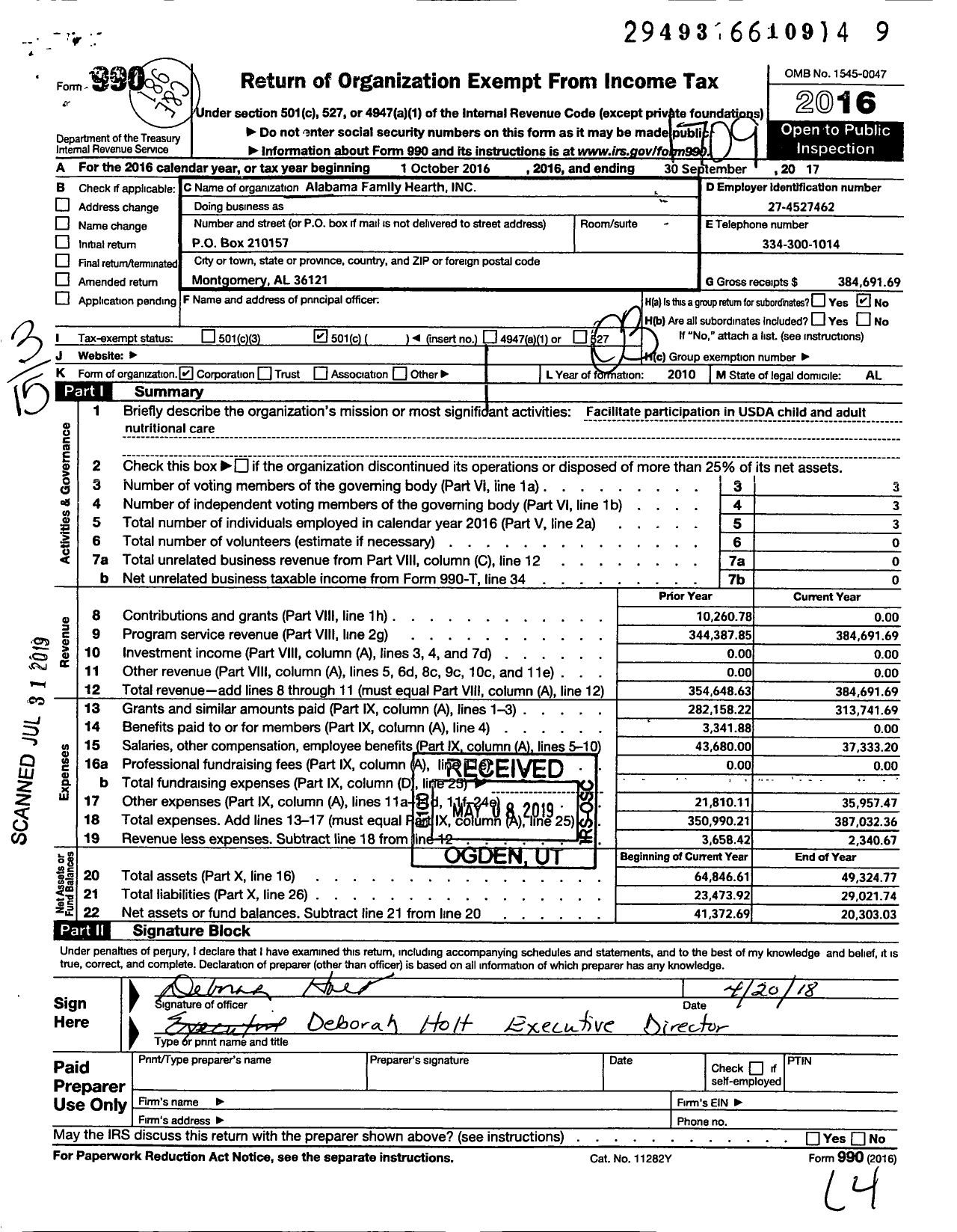 Image of first page of 2016 Form 990 for Alabama Family Hearth
