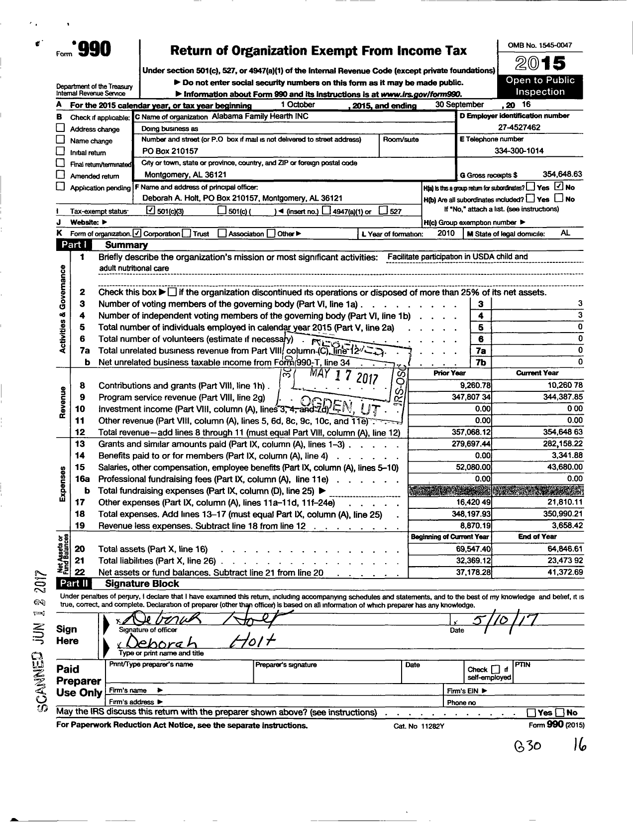 Image of first page of 2015 Form 990 for Alabama Family Hearth