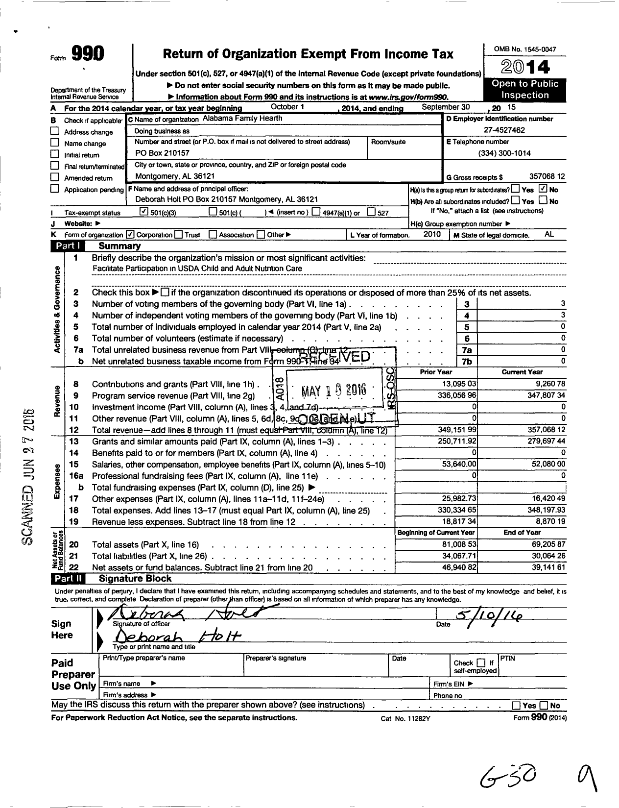 Image of first page of 2014 Form 990 for Alabama Family Hearth