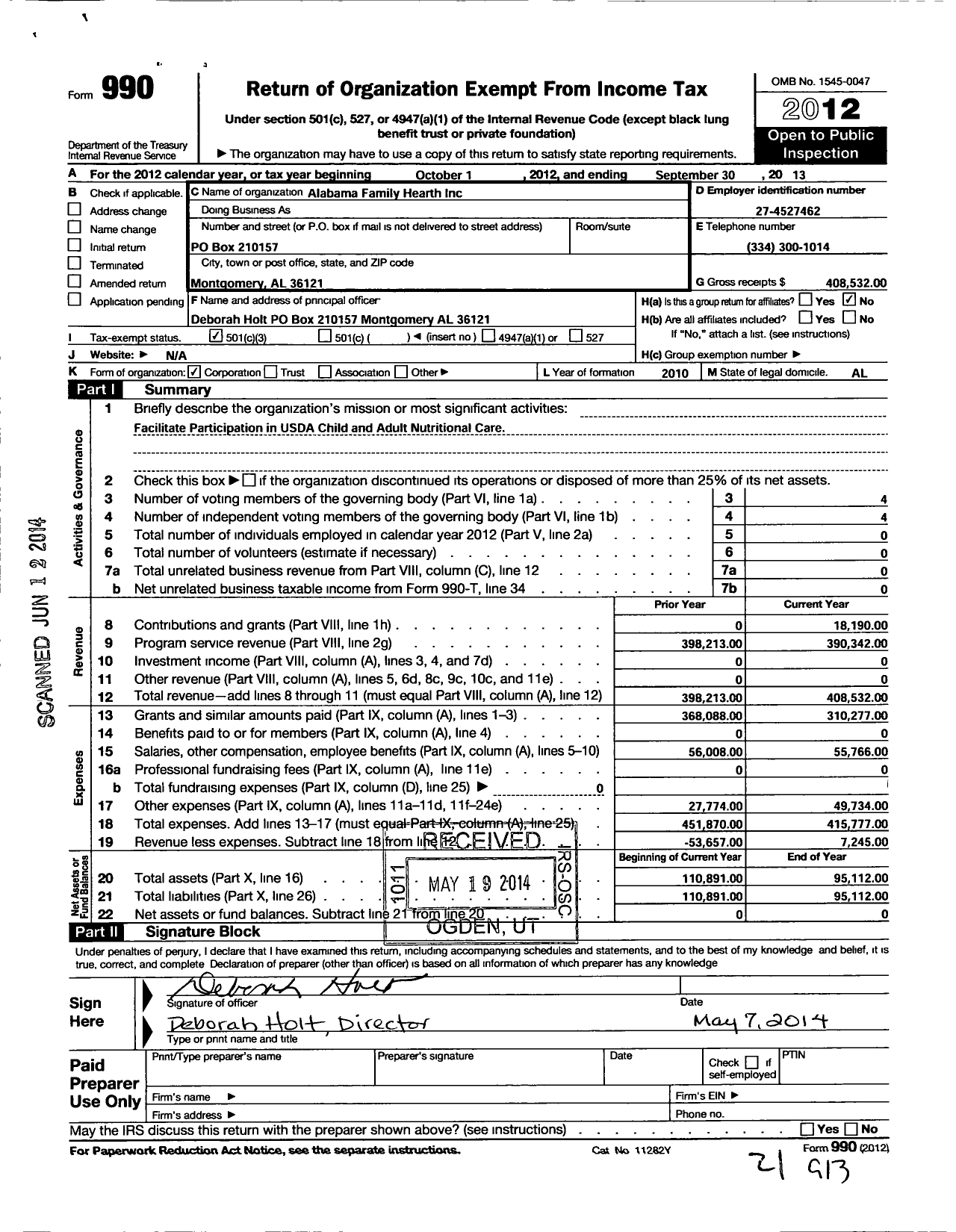 Image of first page of 2012 Form 990 for Alabama Family Hearth