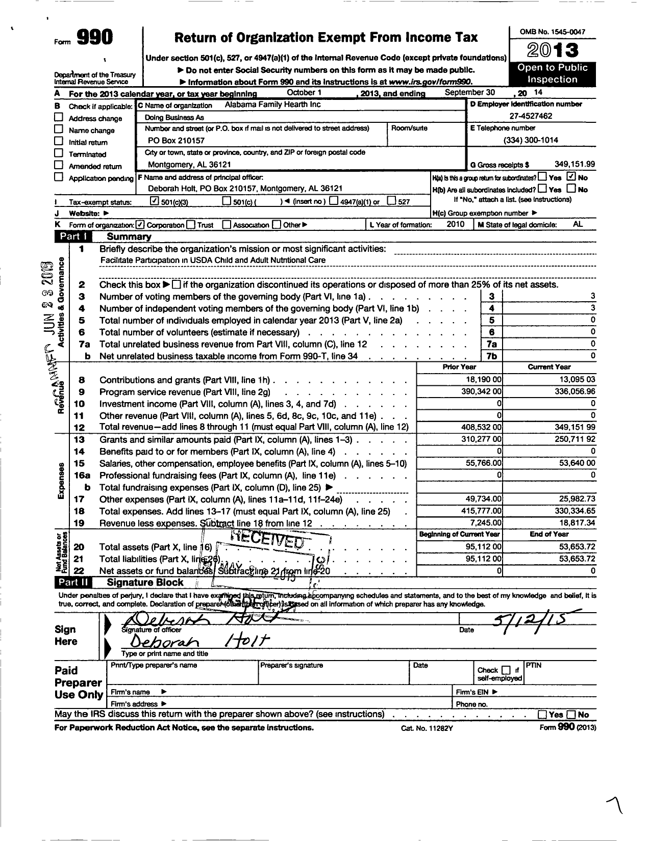 Image of first page of 2013 Form 990 for Alabama Family Hearth