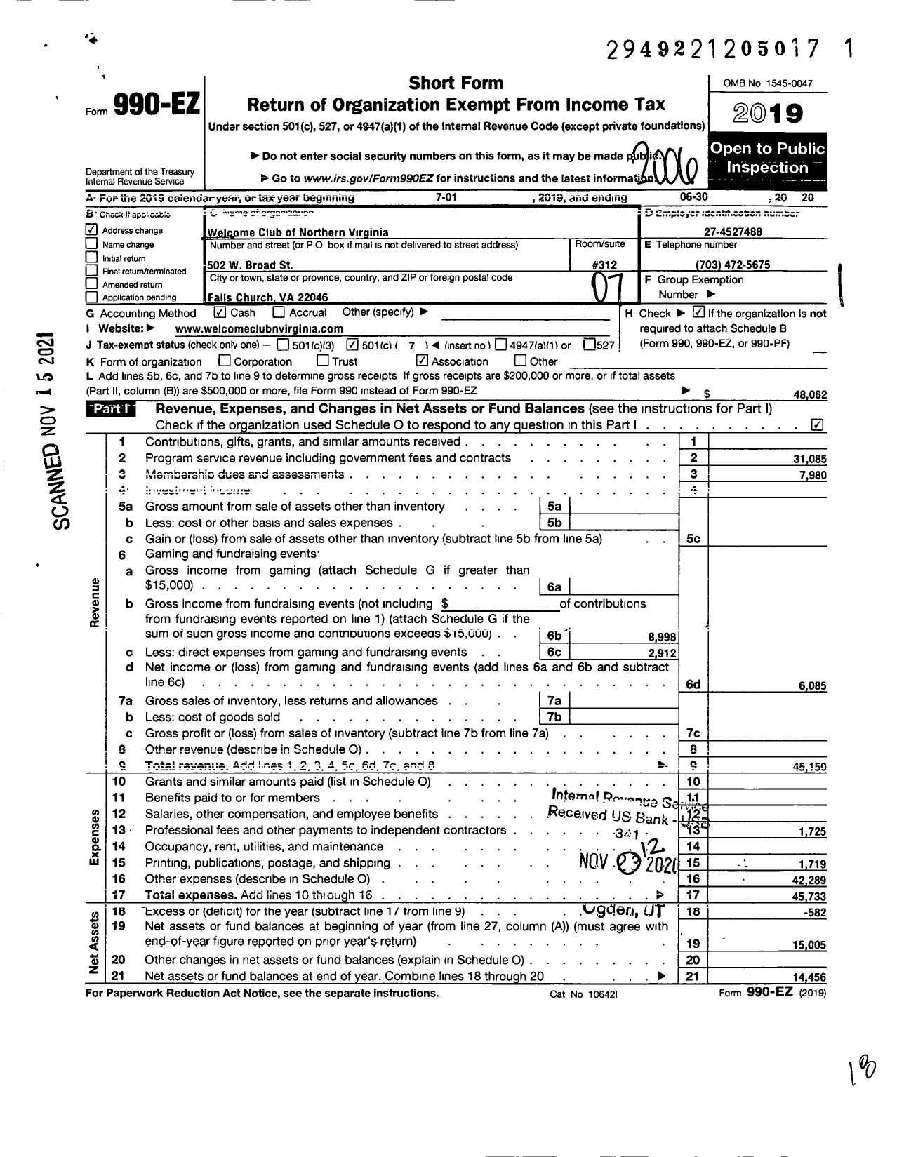 Image of first page of 2019 Form 990EO for Welcome Club of Northern Virginia