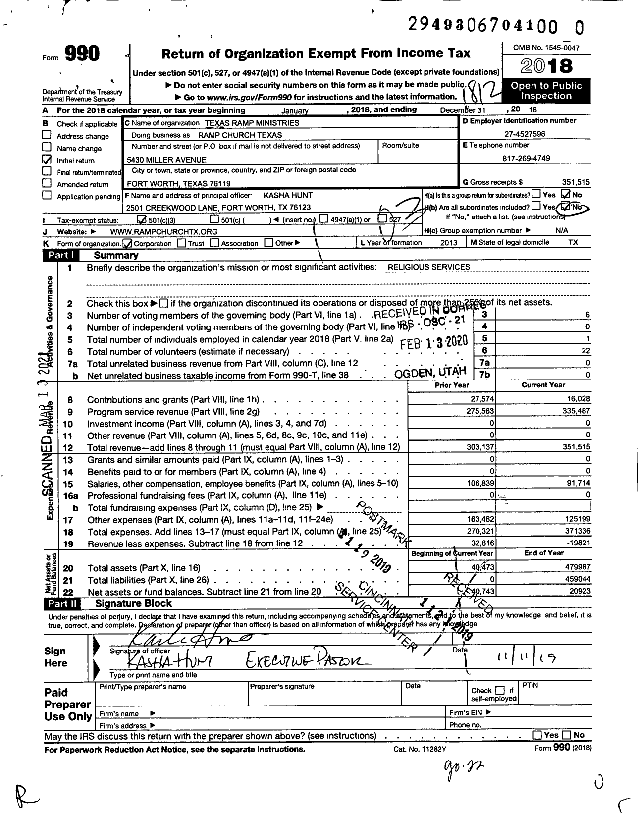 Image of first page of 2018 Form 990 for Texas Ramp Ministries