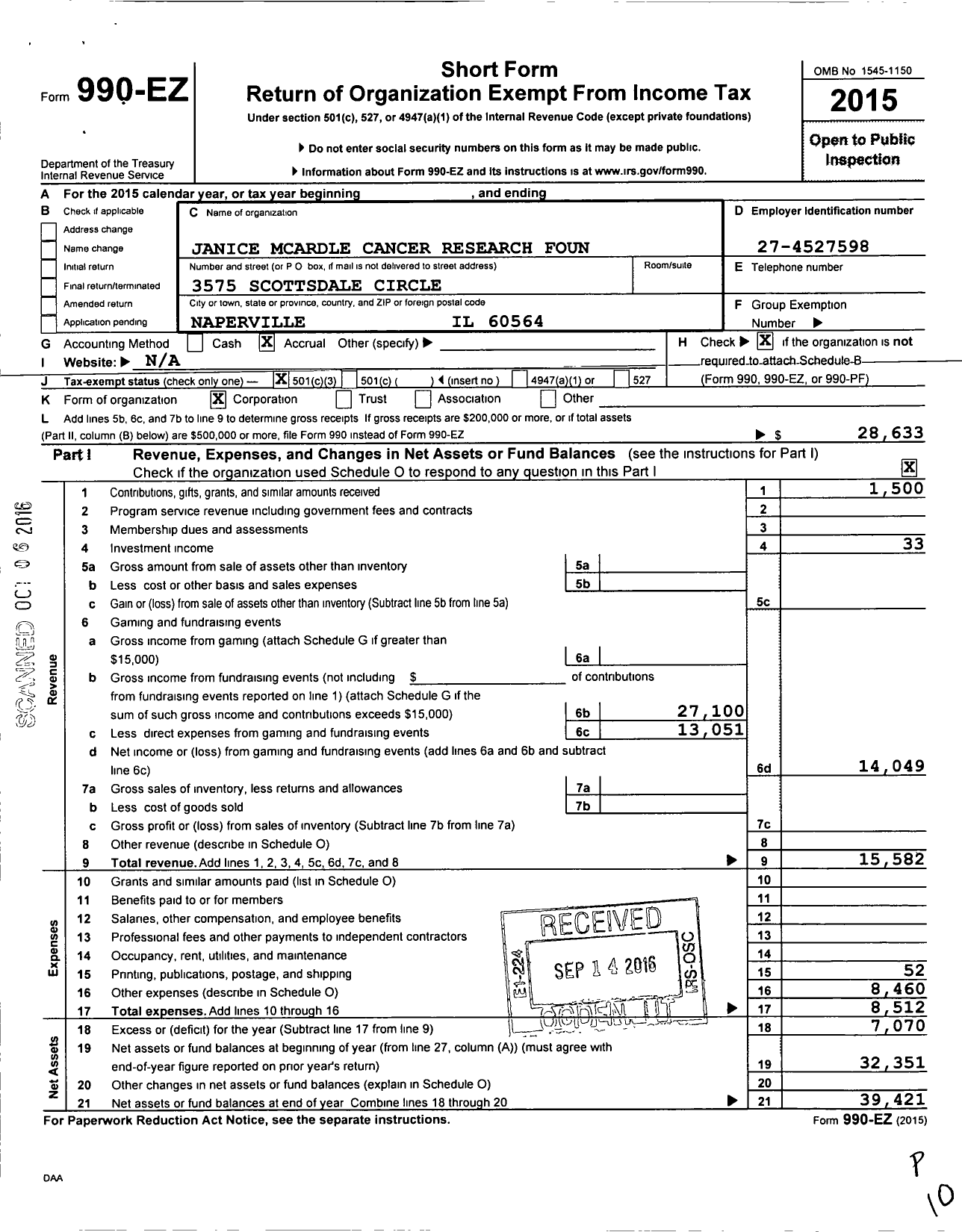 Image of first page of 2015 Form 990EZ for Janice Mcardle Cancer Research Found