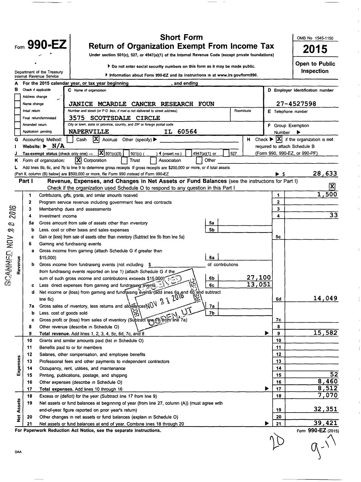 Image of first page of 2015 Form 990EZ for Janice Mcardle Cancer Research Found