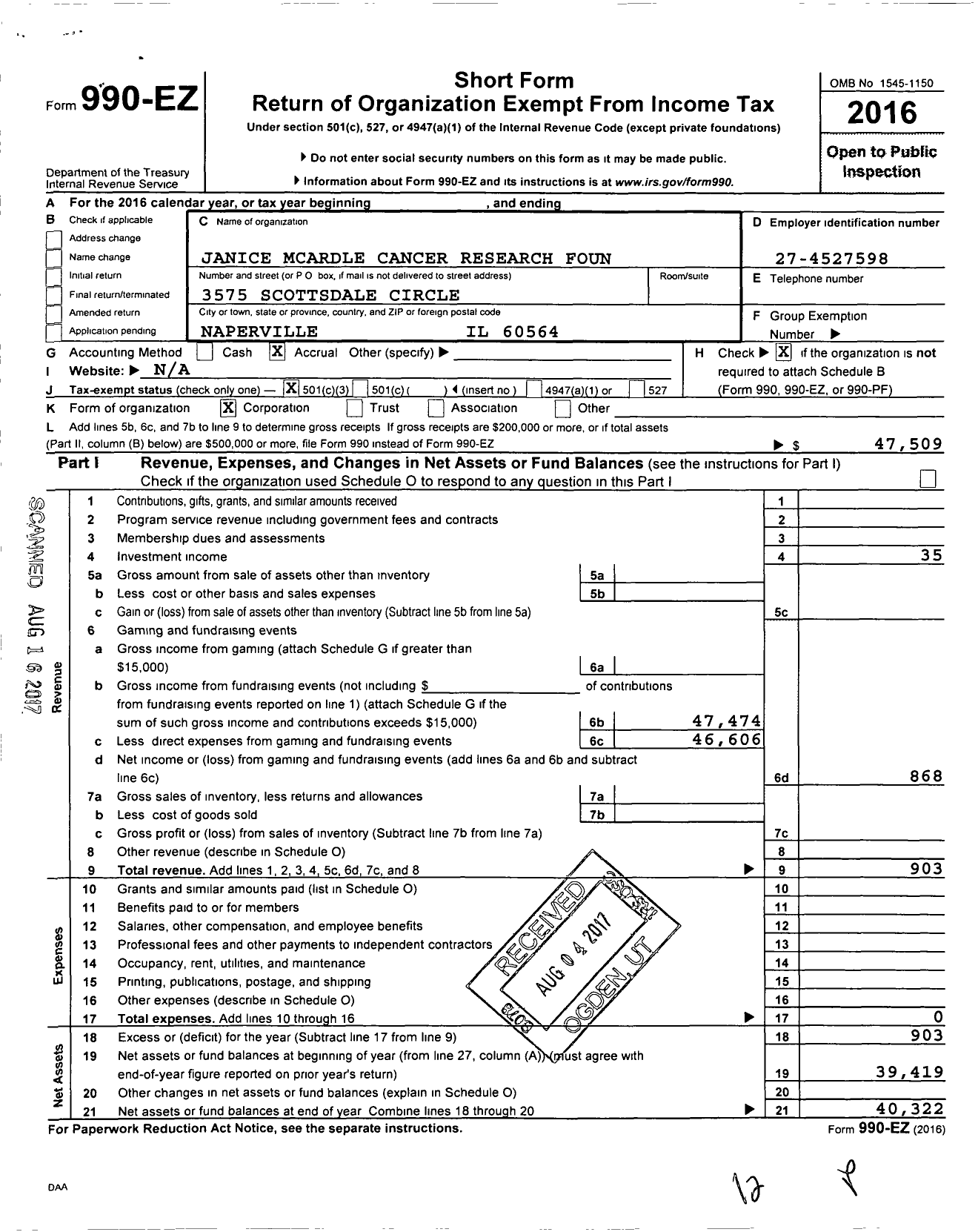 Image of first page of 2016 Form 990EZ for Janice Mcardle Cancer Research Found