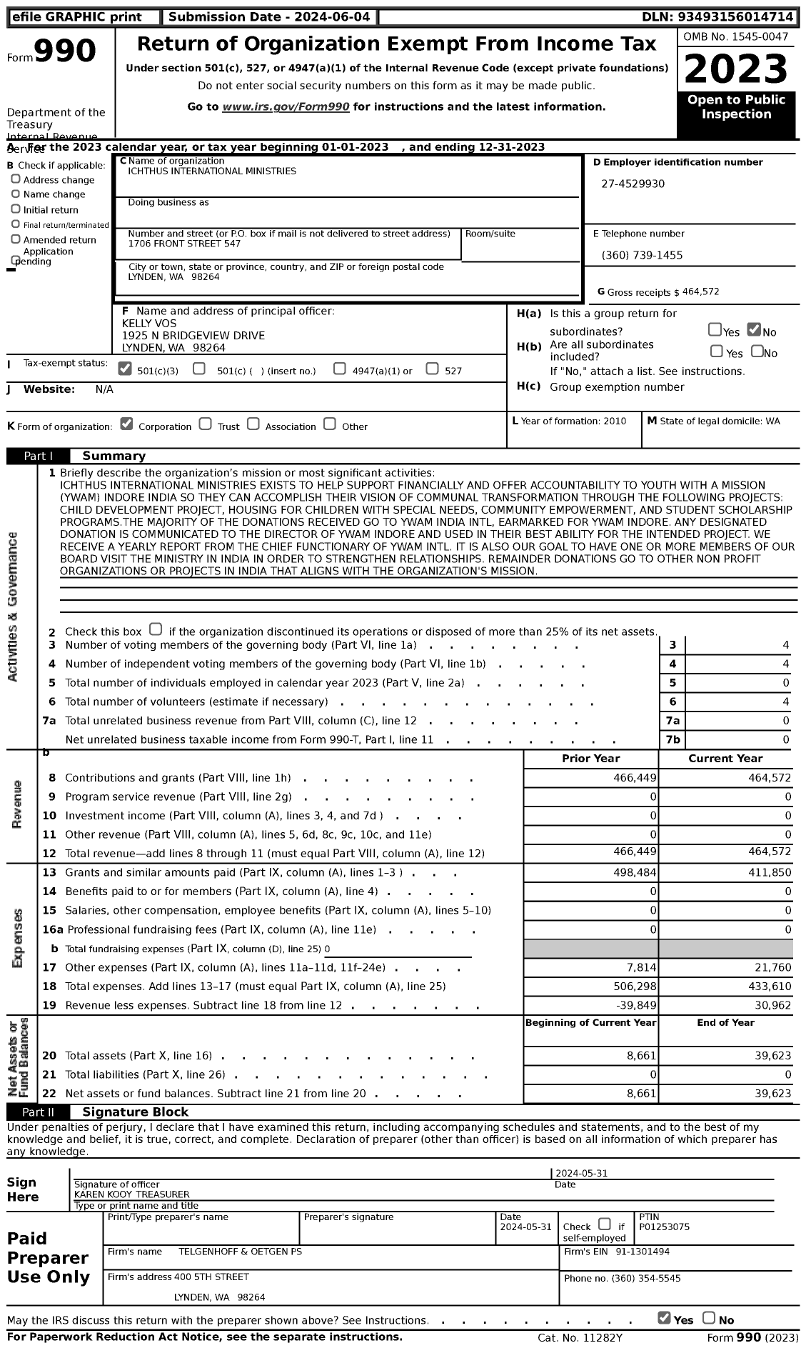 Image of first page of 2023 Form 990 for Ichthus International Ministries