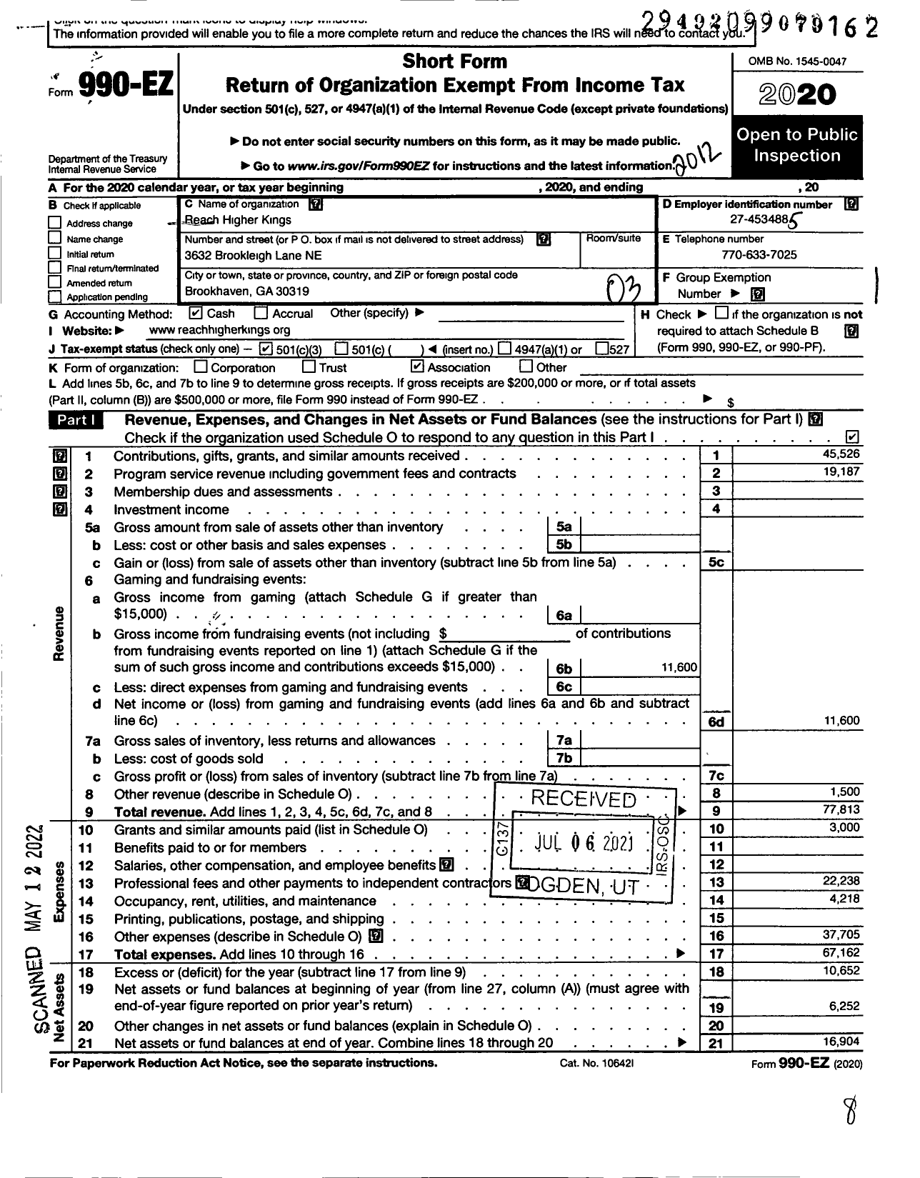 Image of first page of 2020 Form 990EZ for Reach Higher Kings