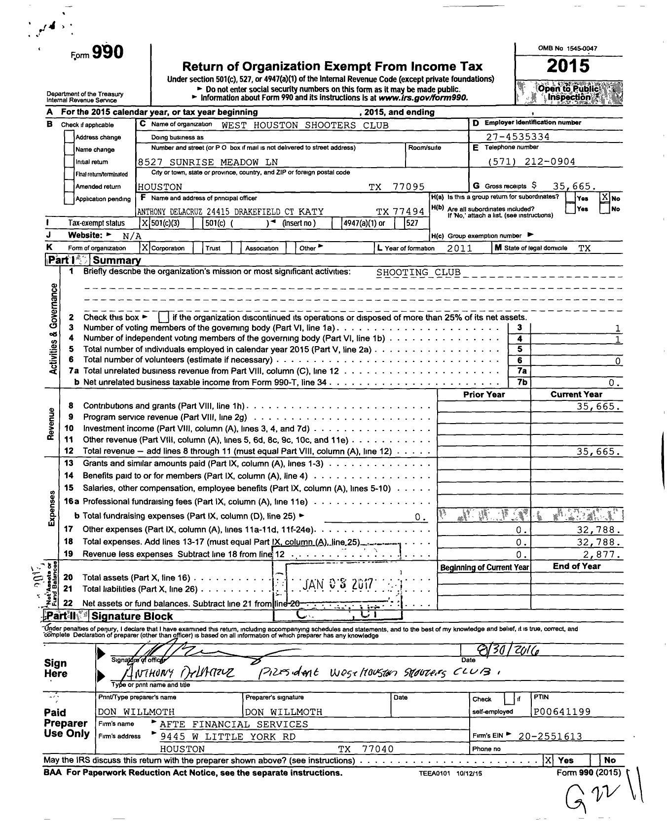 Image of first page of 2015 Form 990 for West Houston Shooters Club