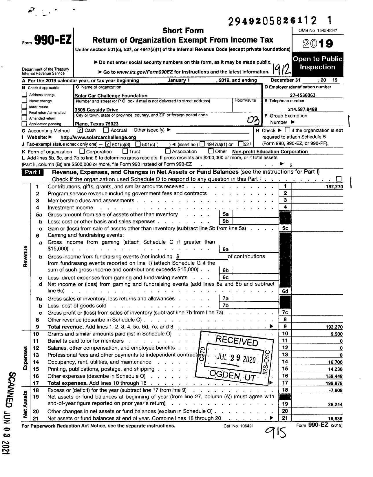 Image of first page of 2019 Form 990EZ for Solar Car Challenge Foundation