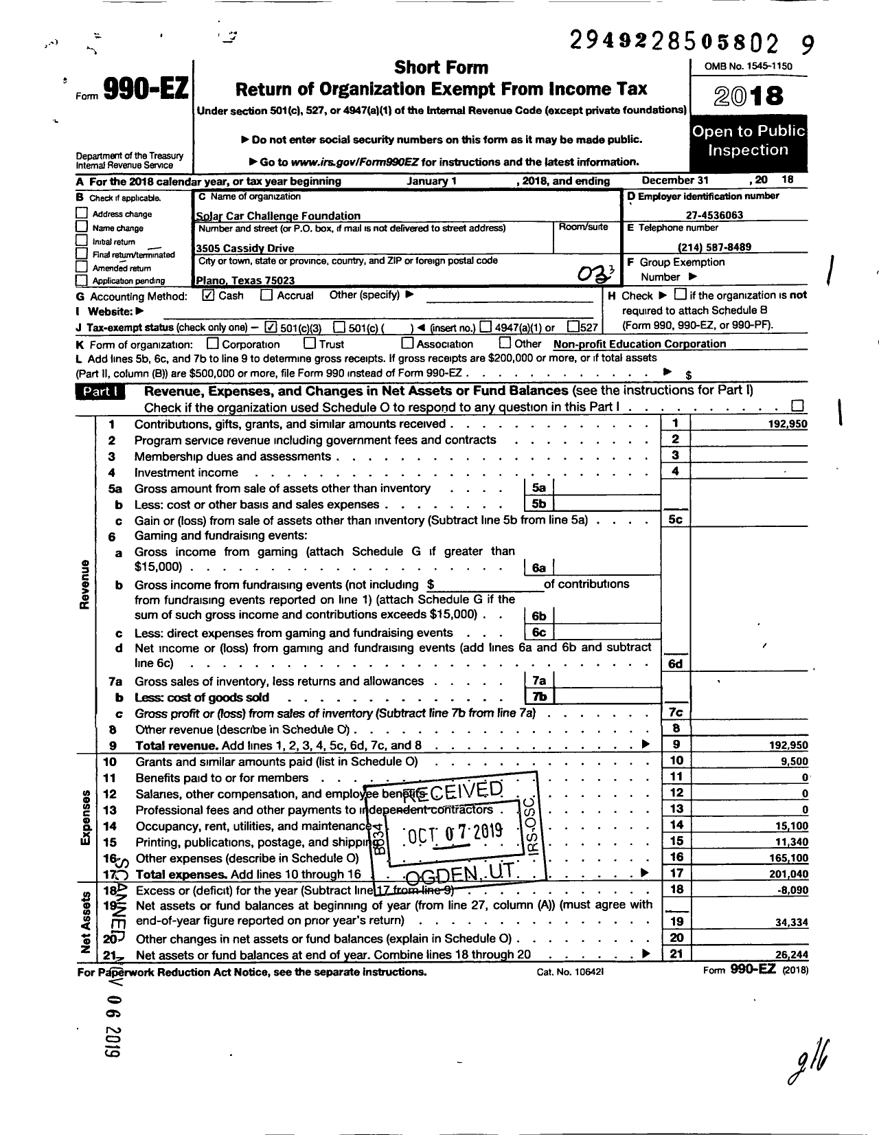 Image of first page of 2018 Form 990EZ for Solar Car Challenge Foundation