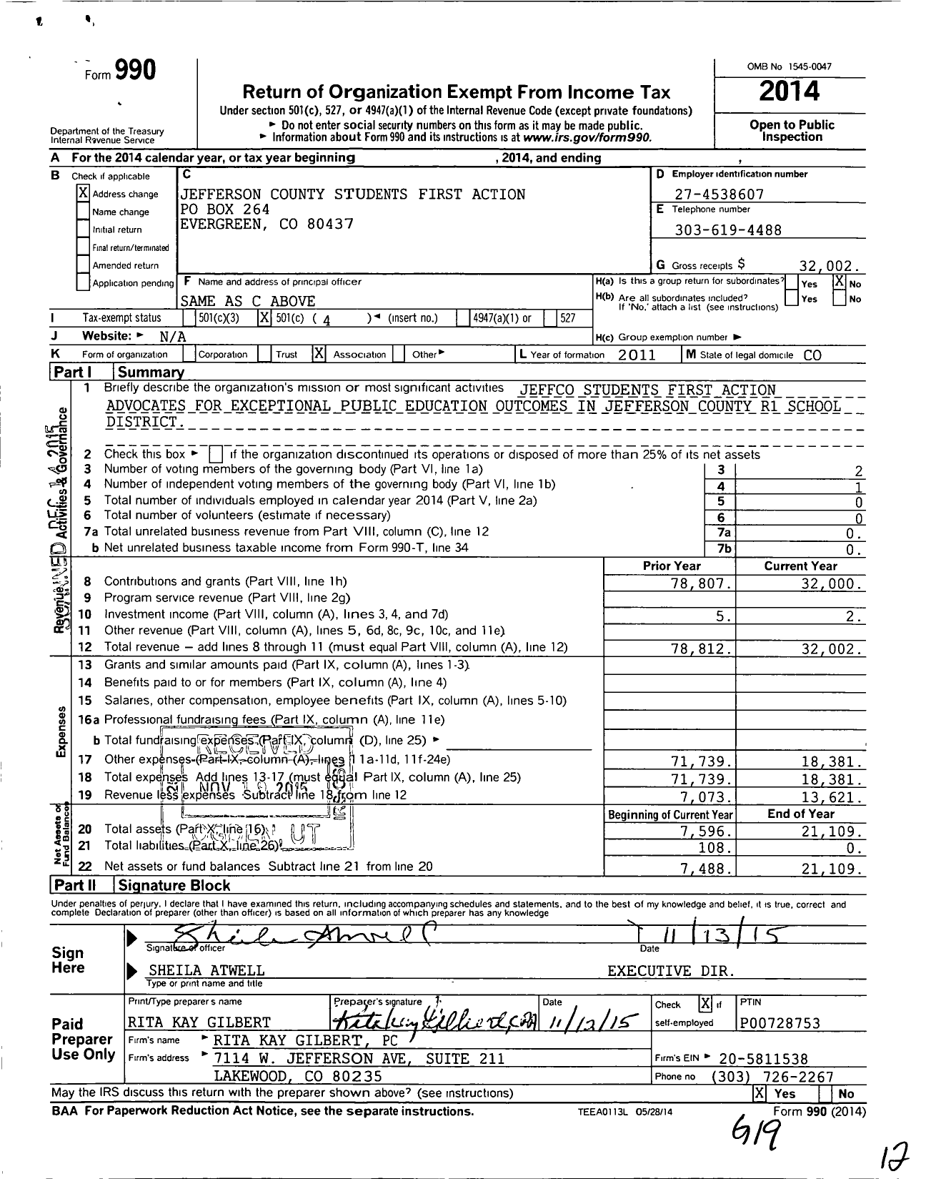 Image of first page of 2014 Form 990O for Jefferson County Students First Action