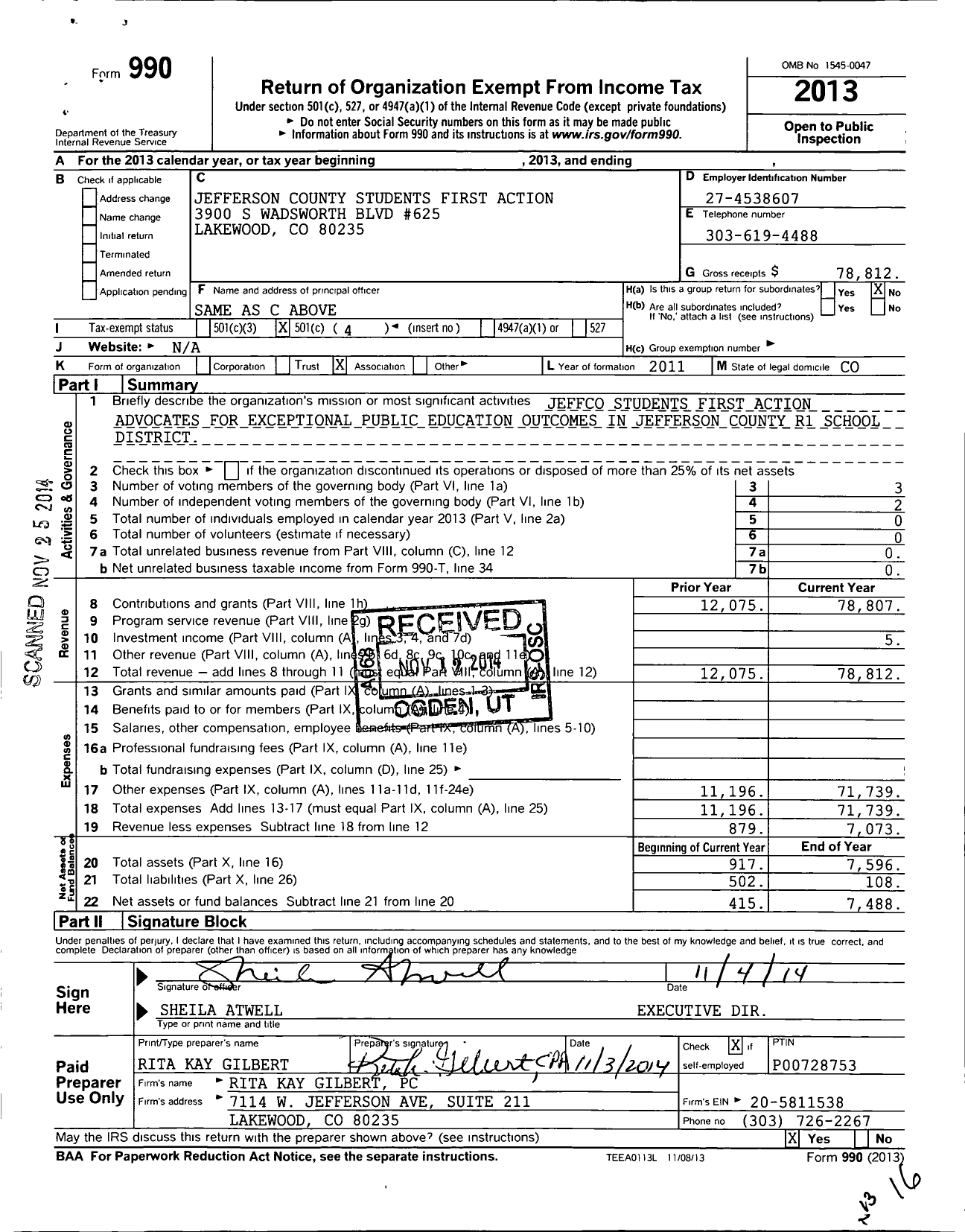 Image of first page of 2013 Form 990O for Jefferson County Students First Action