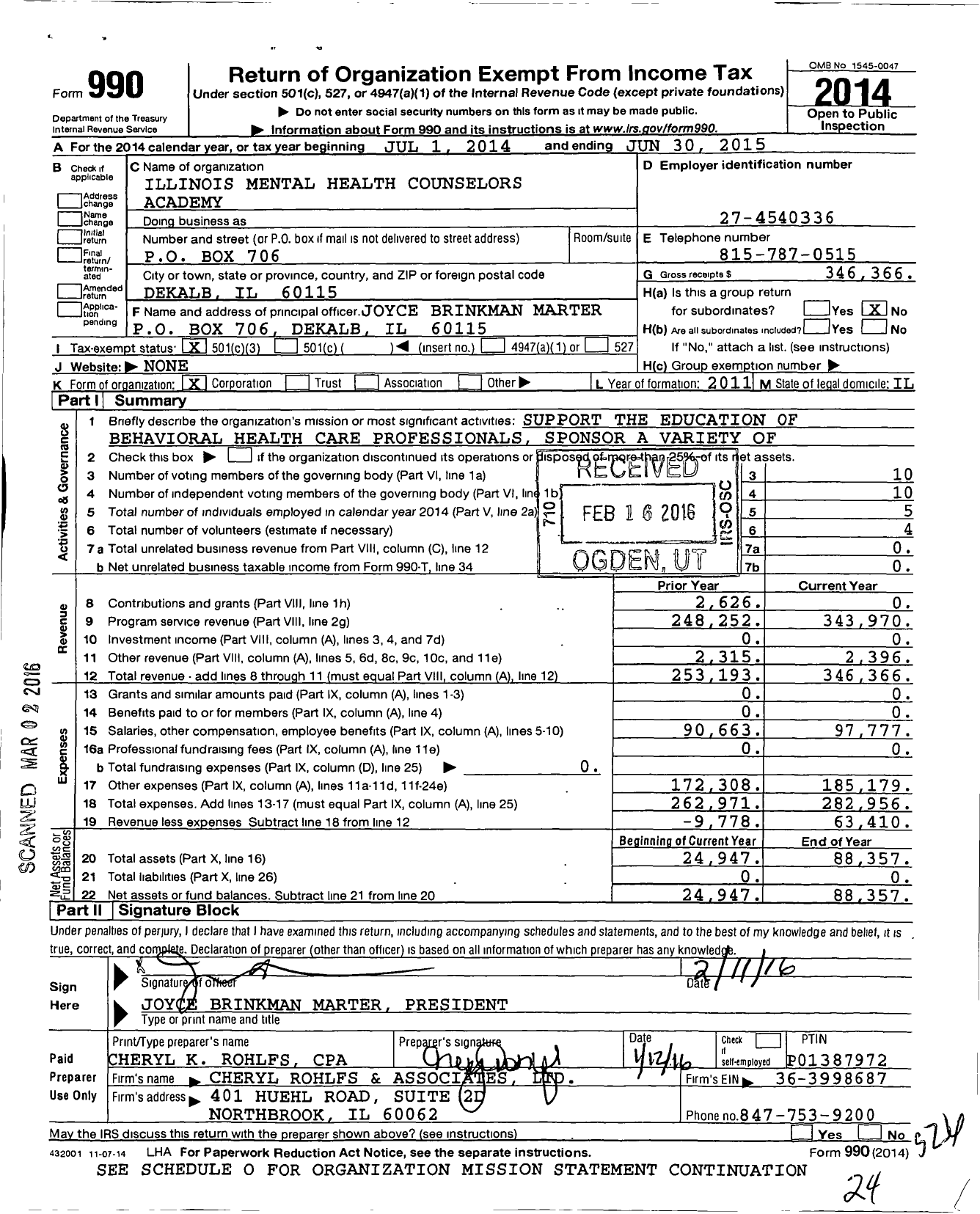 Image of first page of 2014 Form 990 for Illinois Mental Health Counselors Academy