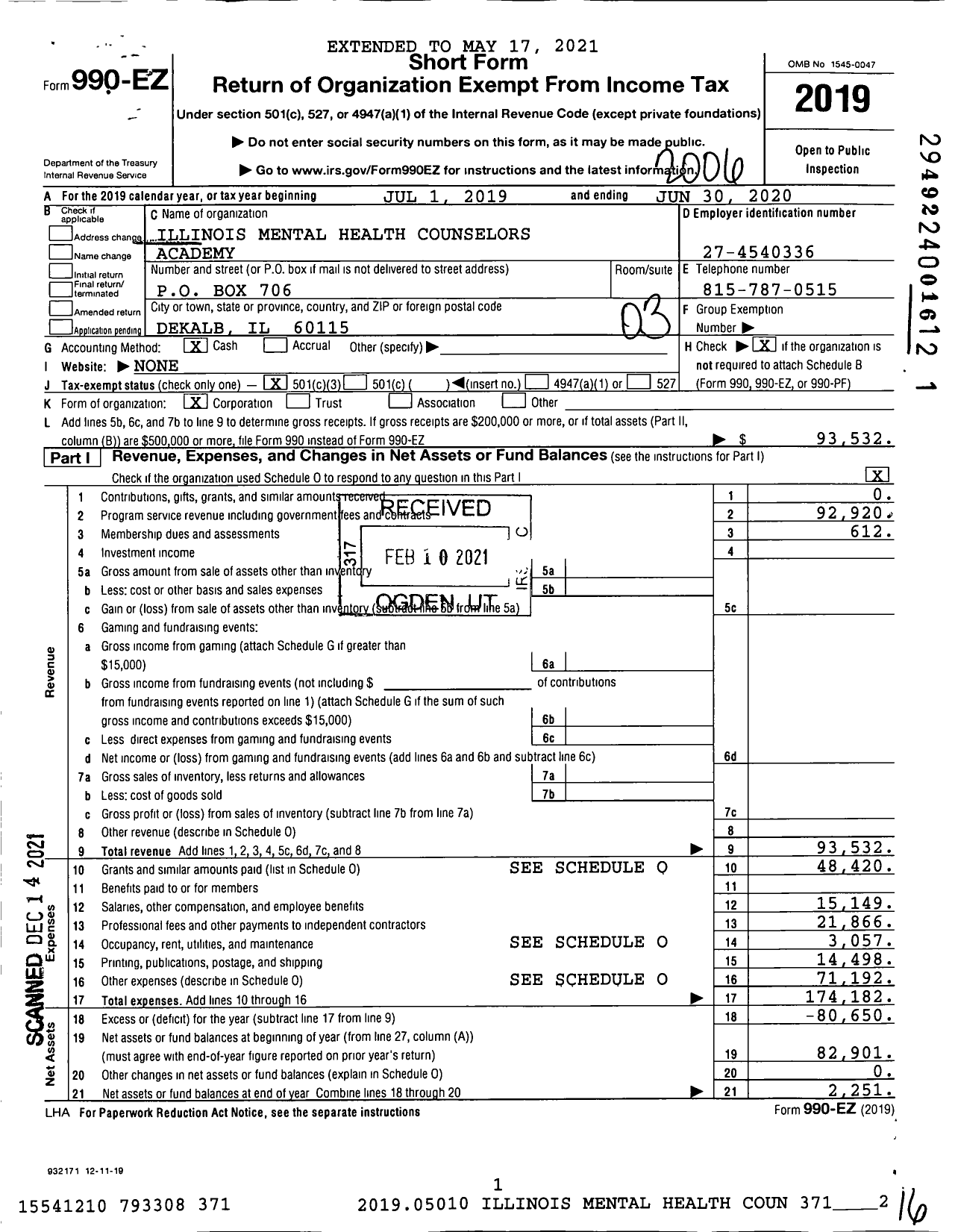 Image of first page of 2019 Form 990EZ for Illinois Mental Health Counselors Academy