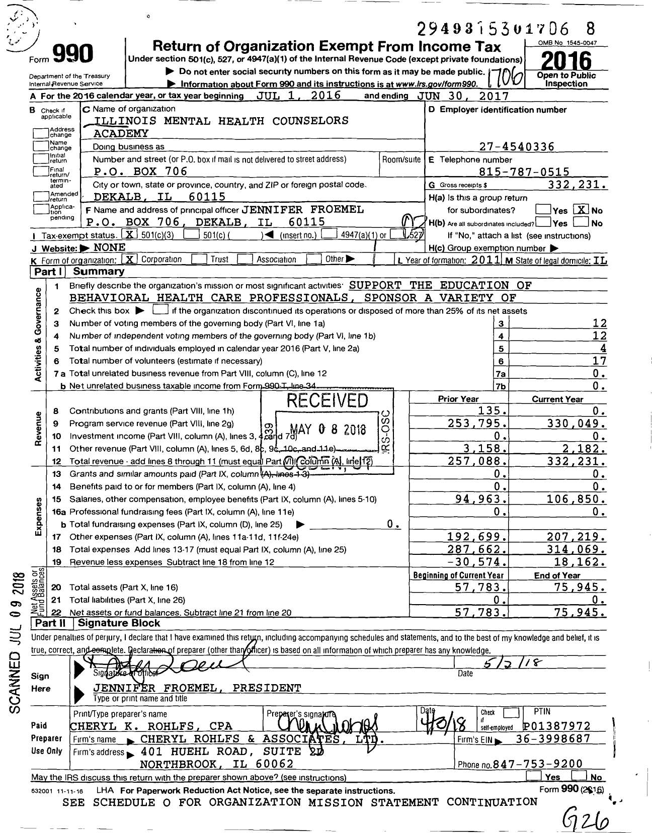 Image of first page of 2016 Form 990 for Illinois Mental Health Counselors Academy